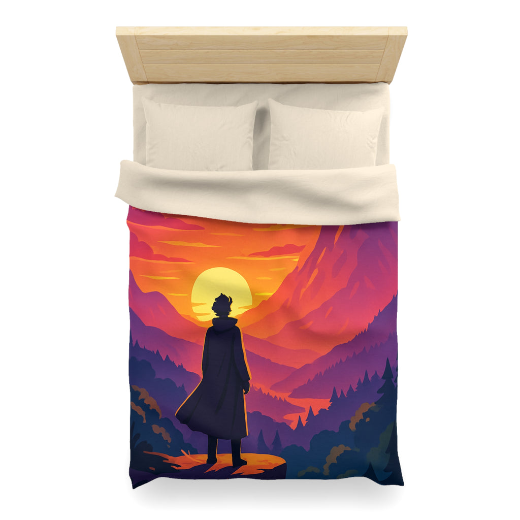 Housse de couette montagnes coucher de soleil silhouette homme paysage artistique vibrant