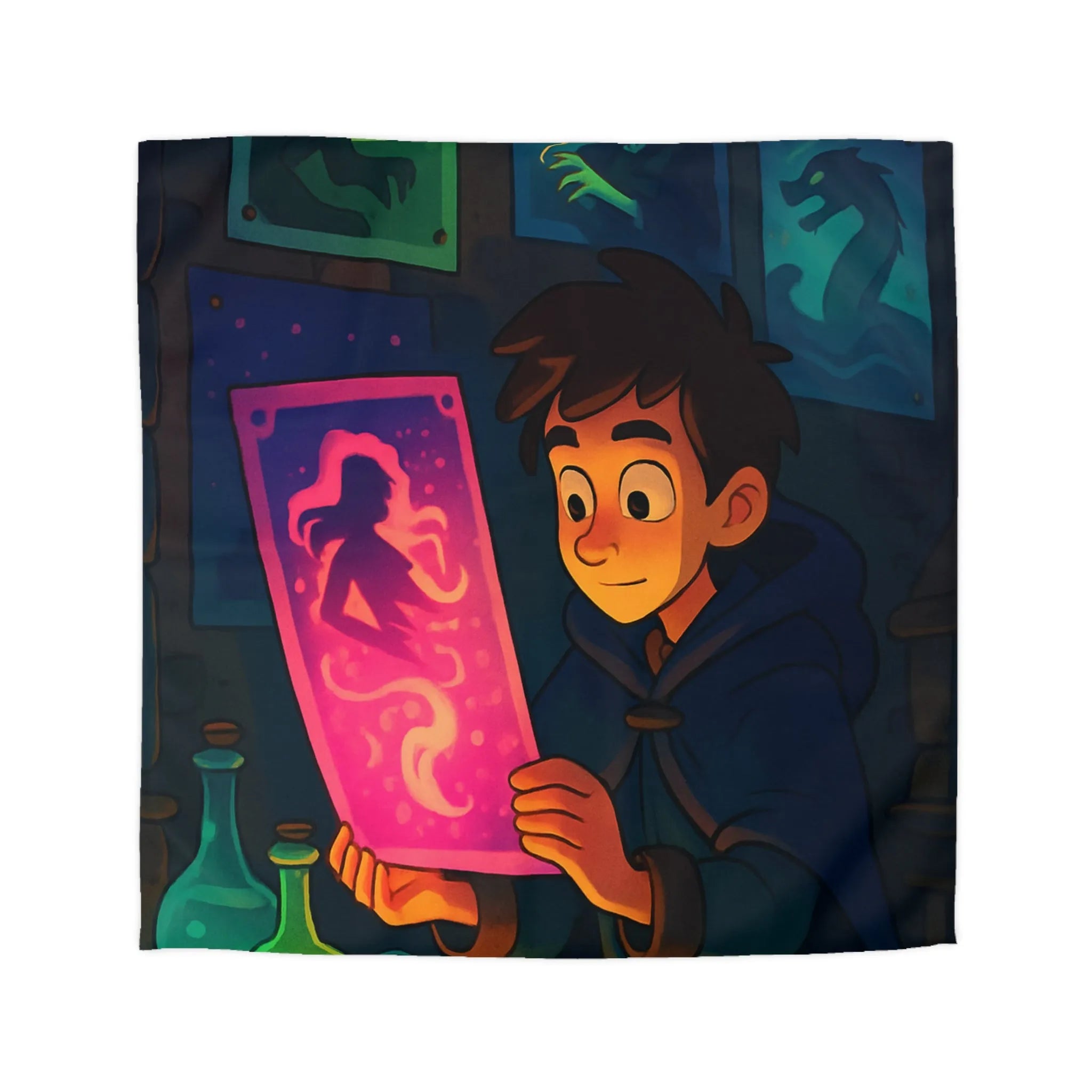 Enfant Magicien Lisant Papyrus Magique Avec Décor De Potions Et Affiches Mystiques