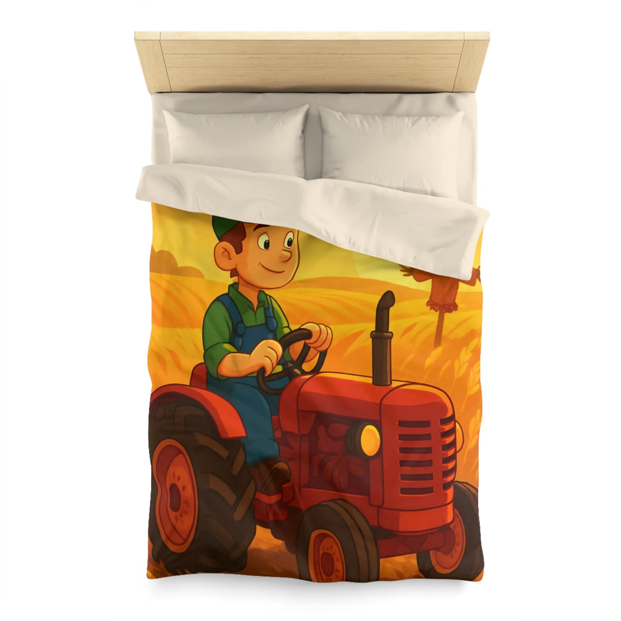 Housse de couette avec motif champêtre : tracteur, épouvantail et champ sous soleil couchant
