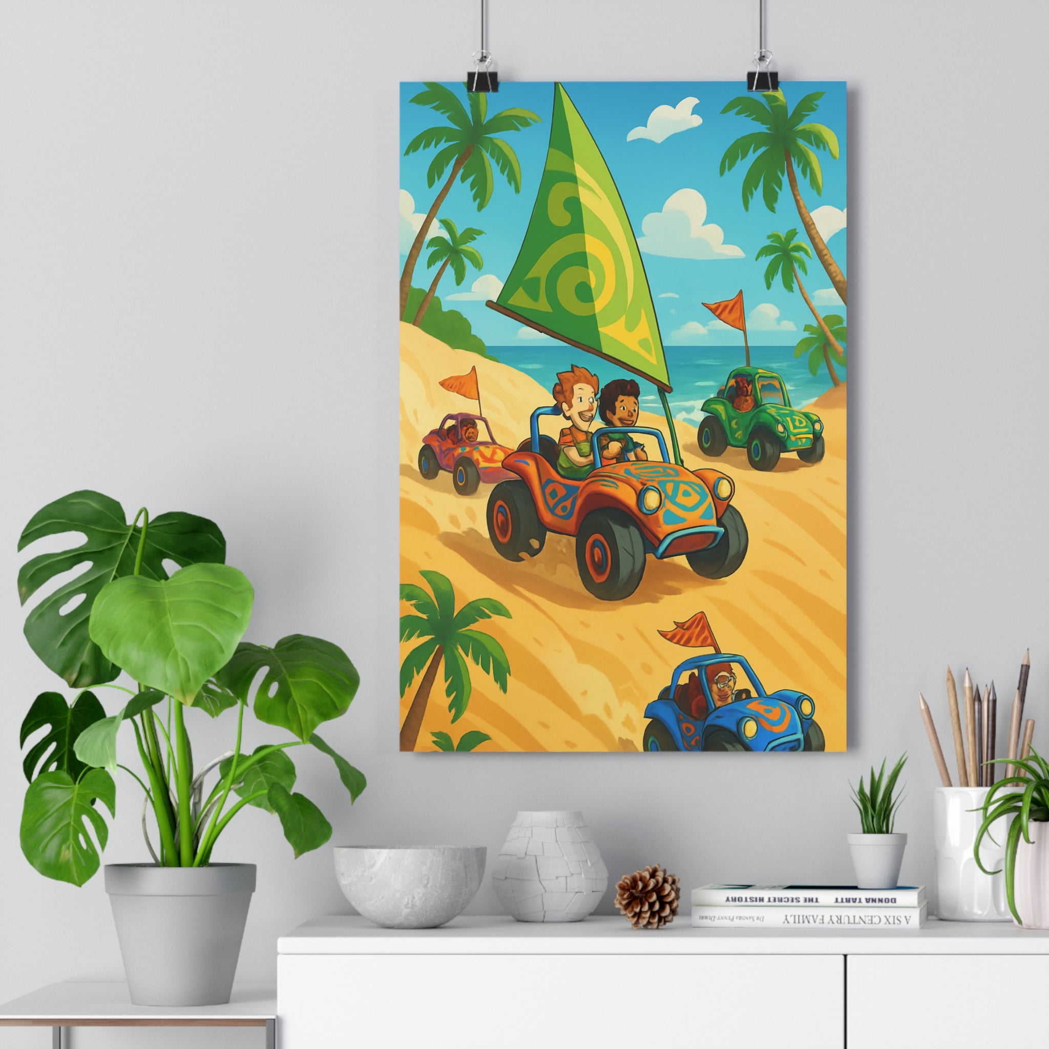 Poster décoratif cartoon joyeux orange vert bleu violet plage chambre enfant aventure tropical qualité