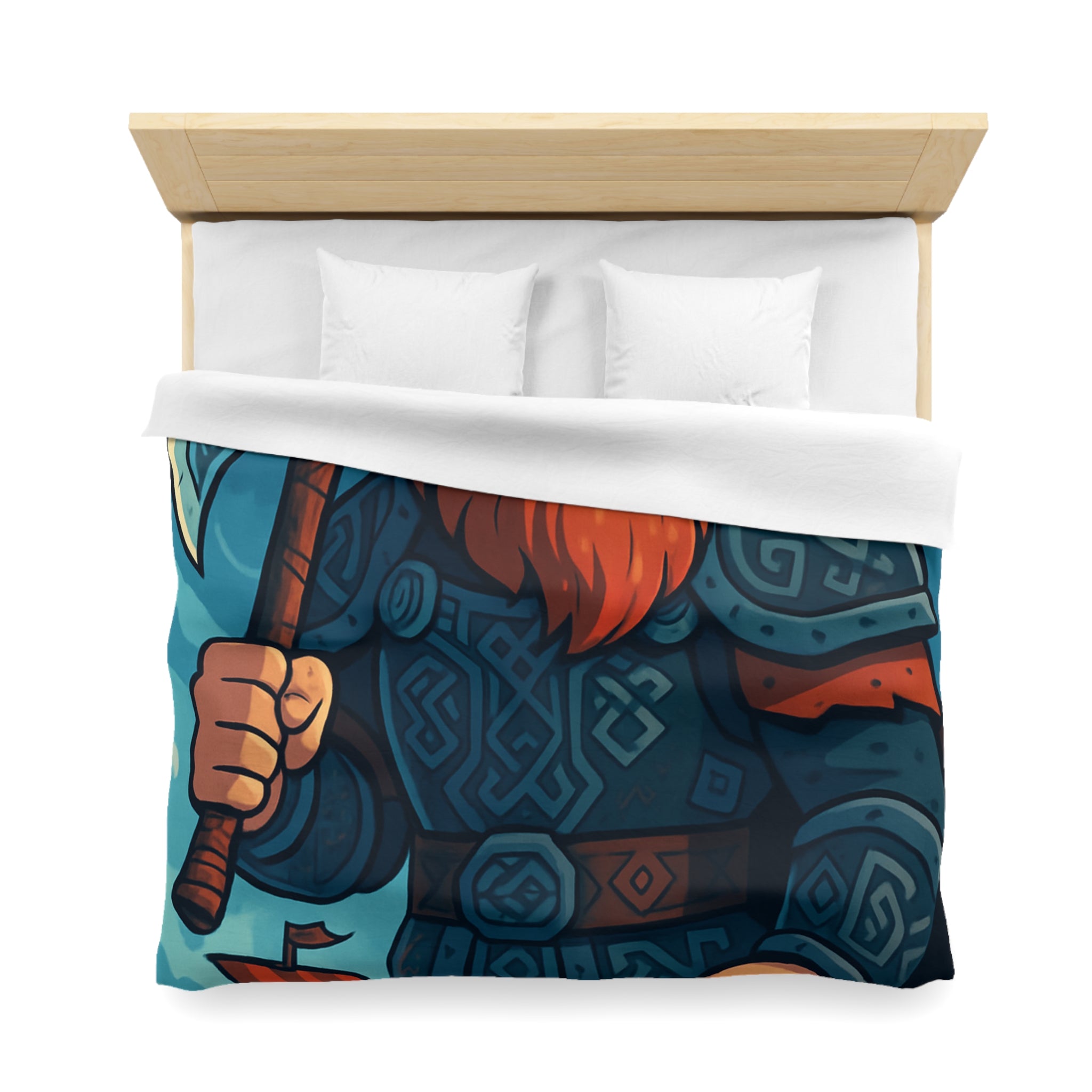 Housse de Couette Viking Illustrée avec Guerrier et Drakkar sur Fond Océan Tempétueux