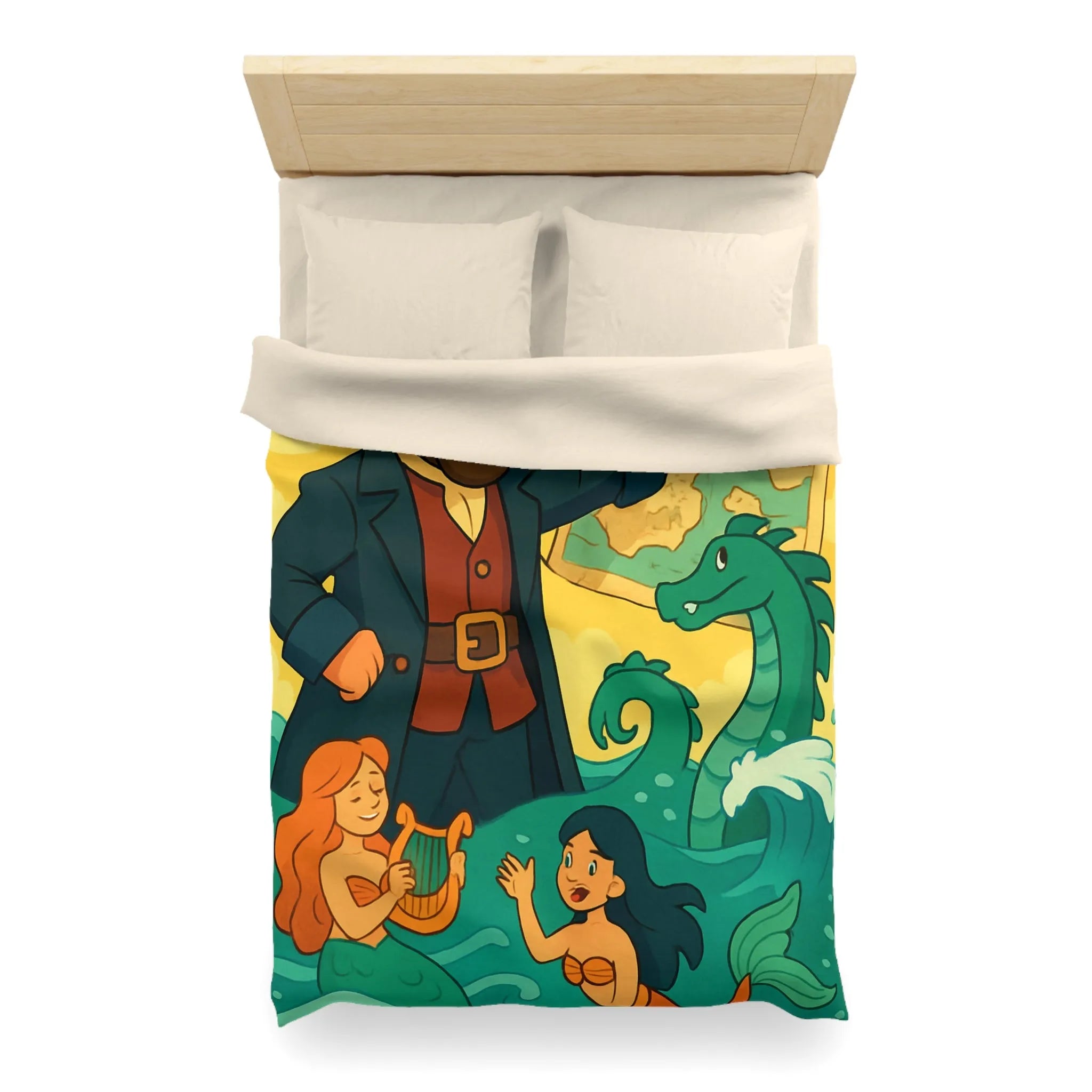 Housse de couette illustrée pirate avec carte, sirènes et monstre marin ludique
