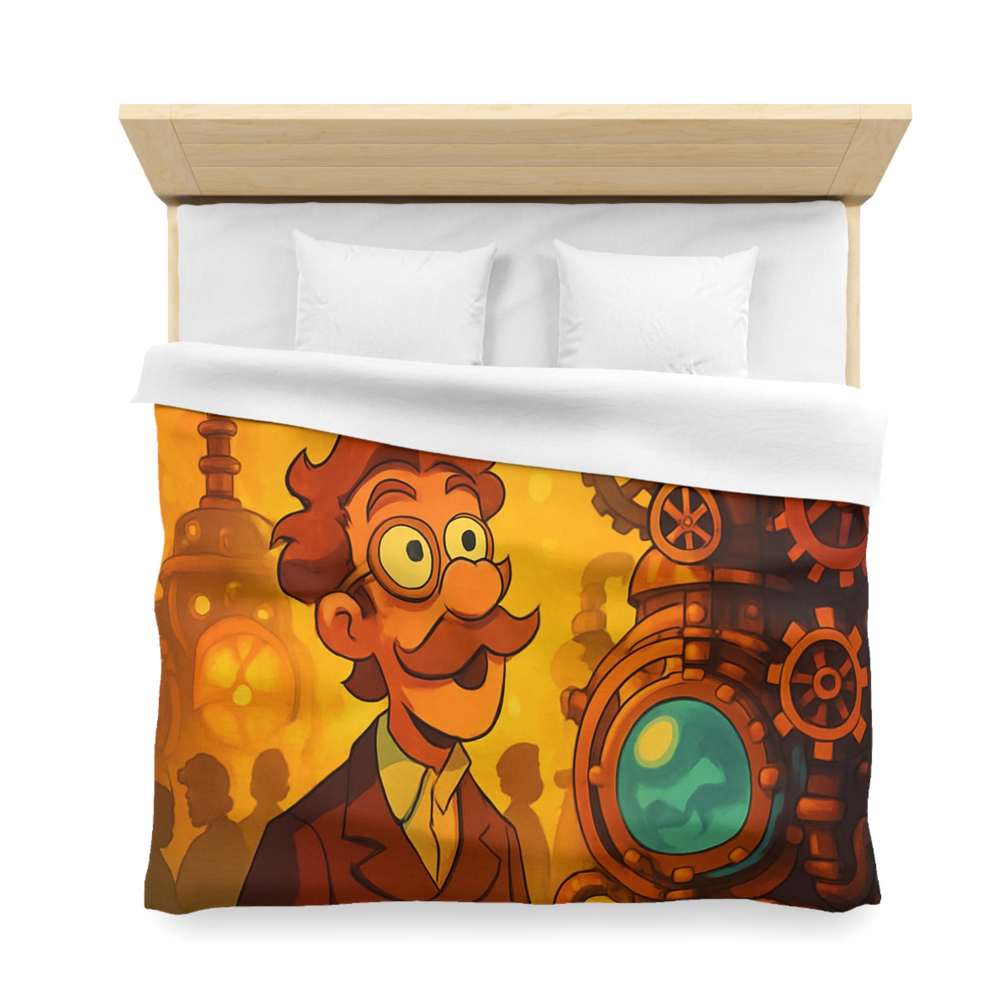 Housse de couette rétro steampunk avec inventeur et machine aux teintes cuivrées vives