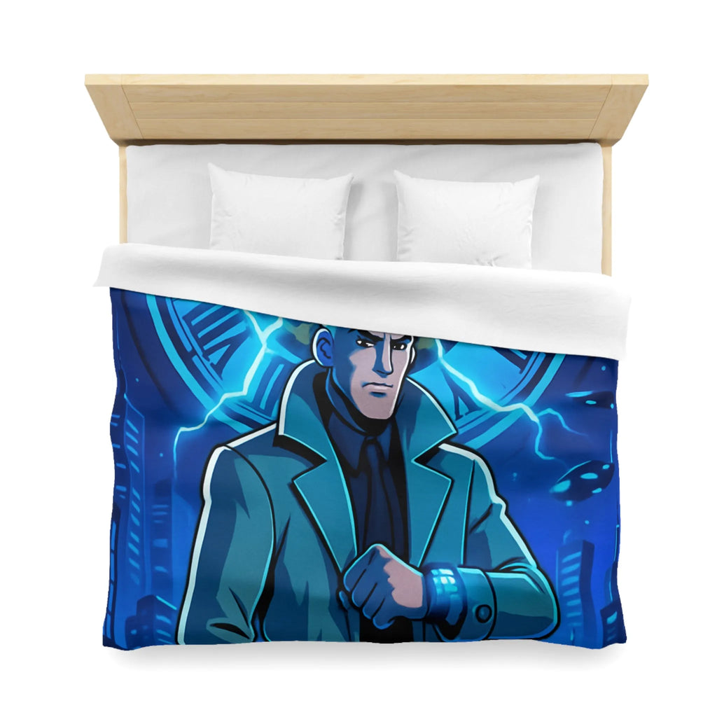 Housse de Couette Inspiration Futuriste avec Horloge Éclair et Personnage Mystérieux en Manteau