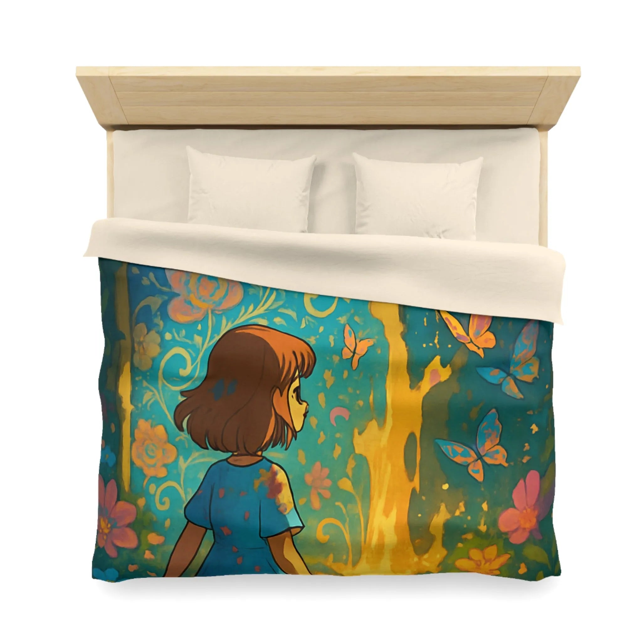 Housse de Couette Enfantine Féerique avec Papillons et Fleurs, Tons Vifs et Lumineux