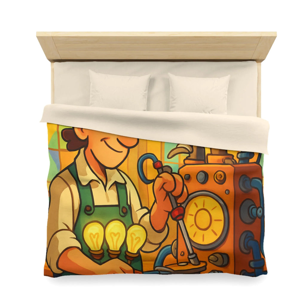 Housse de Couette Illustre Inventeur avec Machine Énergétique et Vitrail Coloré Artistique
