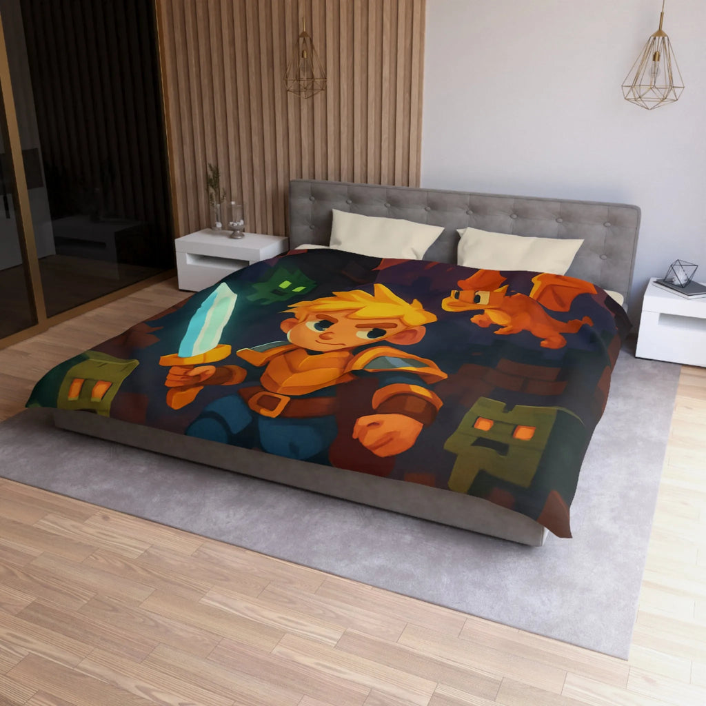 Housse de couette épique avec héros, dragon, volcan en feu et créatures cubiques