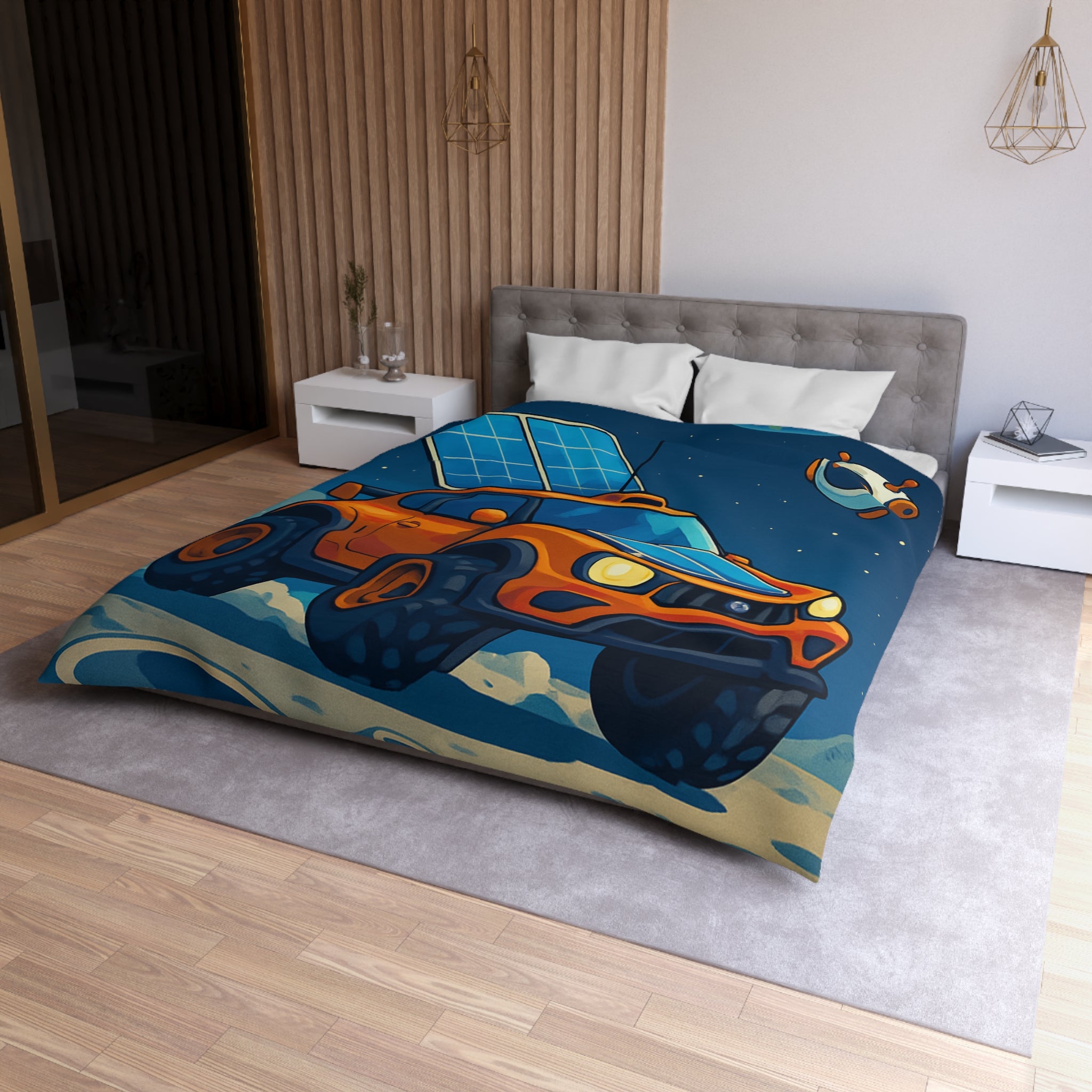 Housse de couette spatiale avec voiture orange et robots sur fond lunaire captivant