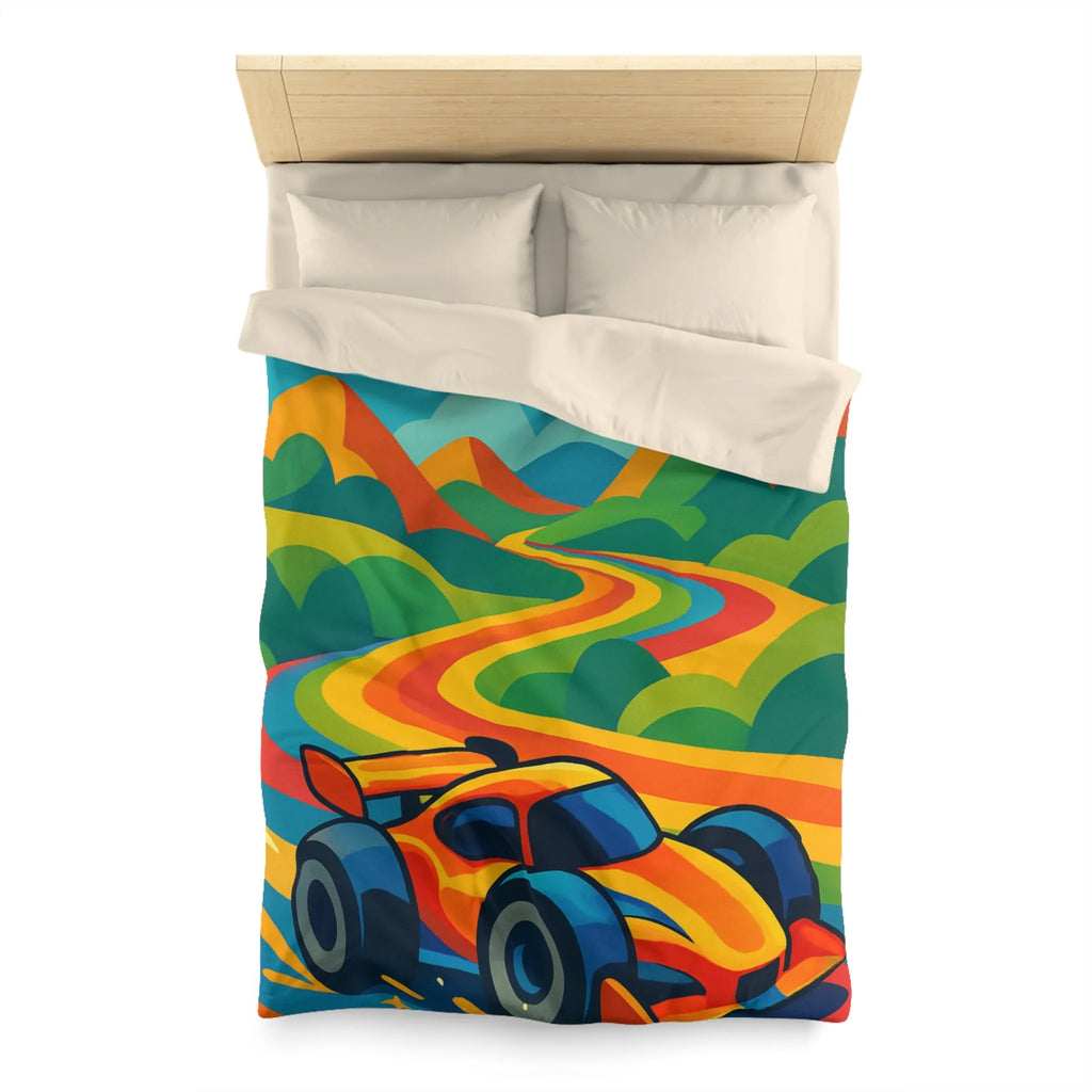 Housse de Couette Colorée avec Voiture de Course et Collines Arc-en-ciel Ensoleillées