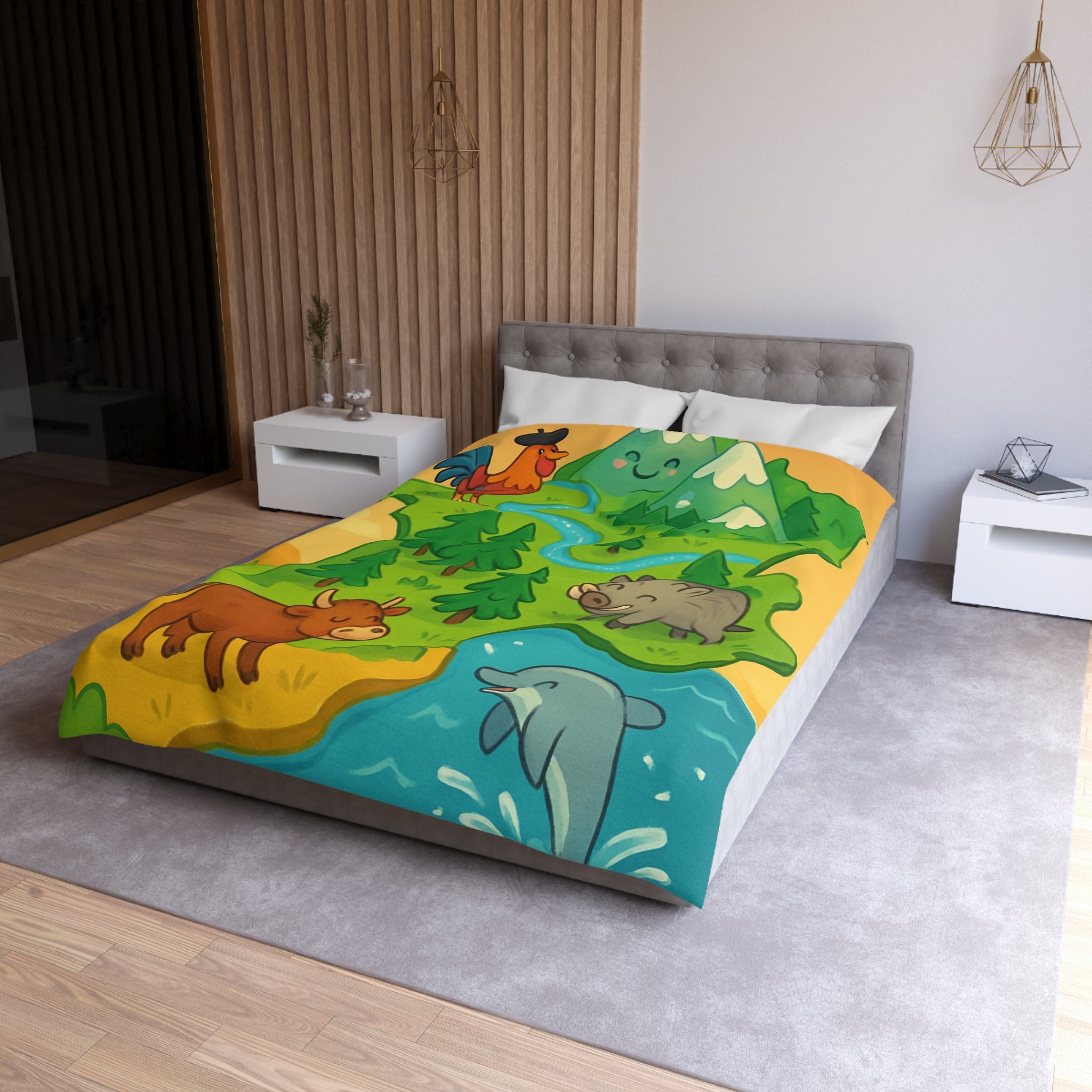 Housse de couette pour enfant avec animaux et paysage de France ludique et coloré