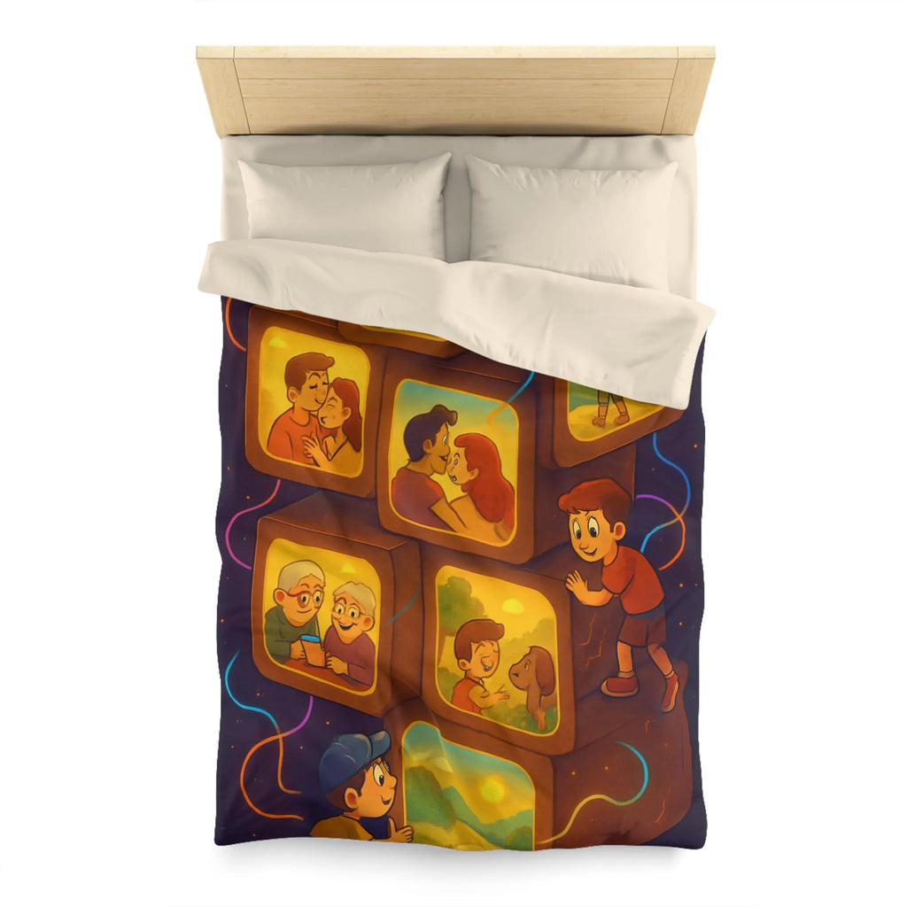 Housse de Couette Illustrée avec Scènes de Famille et Couleurs Chaudes, Ambiance Rétro