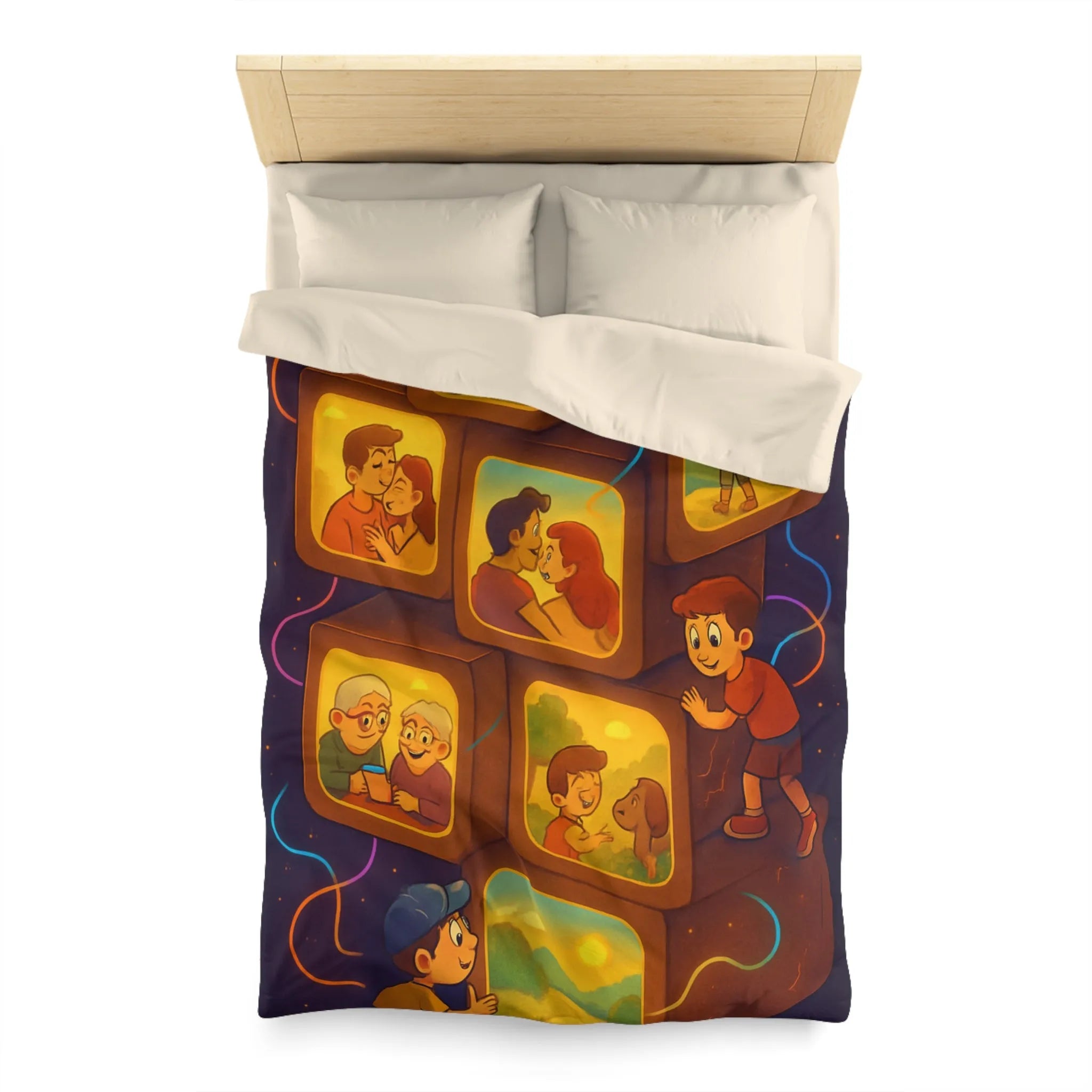 Housse de Couette Illustrée avec Scènes de Famille et Couleurs Chaudes, Ambiance Rétro