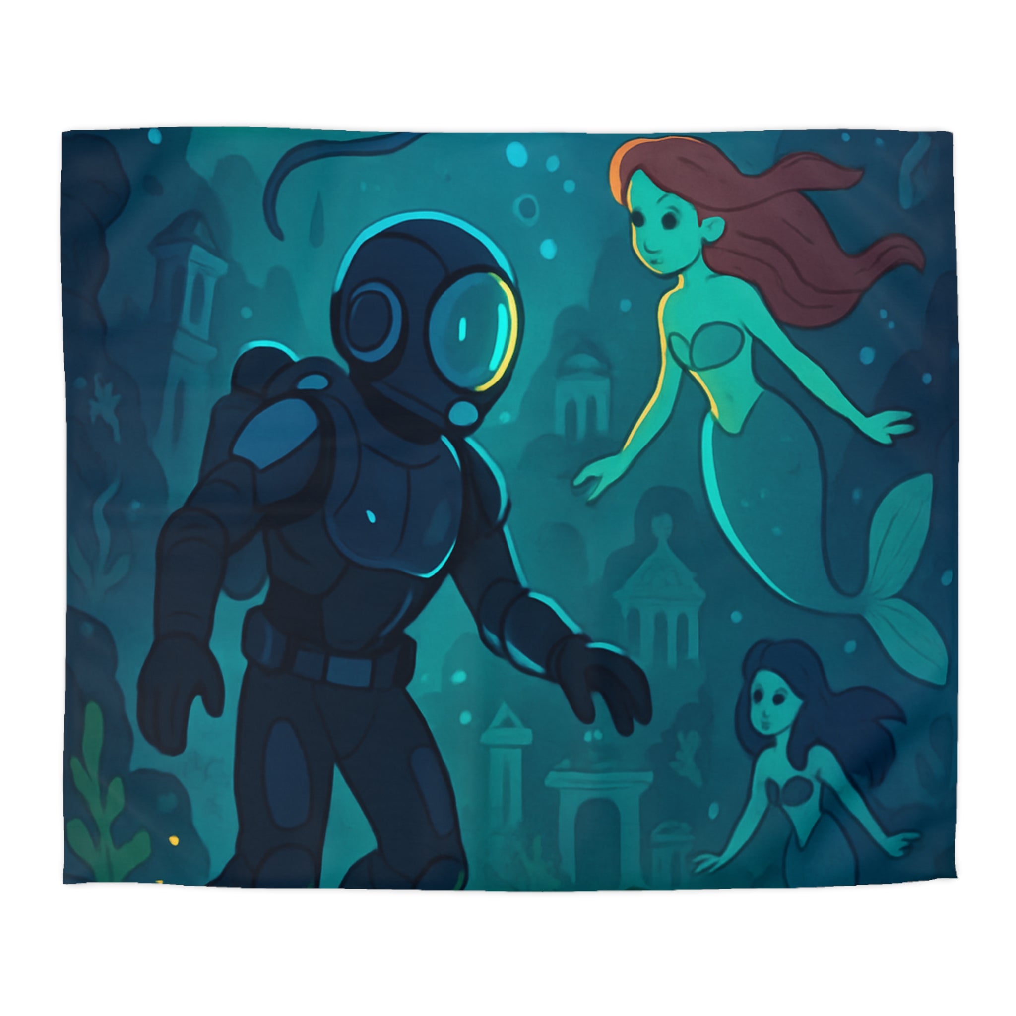 Housse de couette sirène océan magique avec plongeur et trésor lumineux