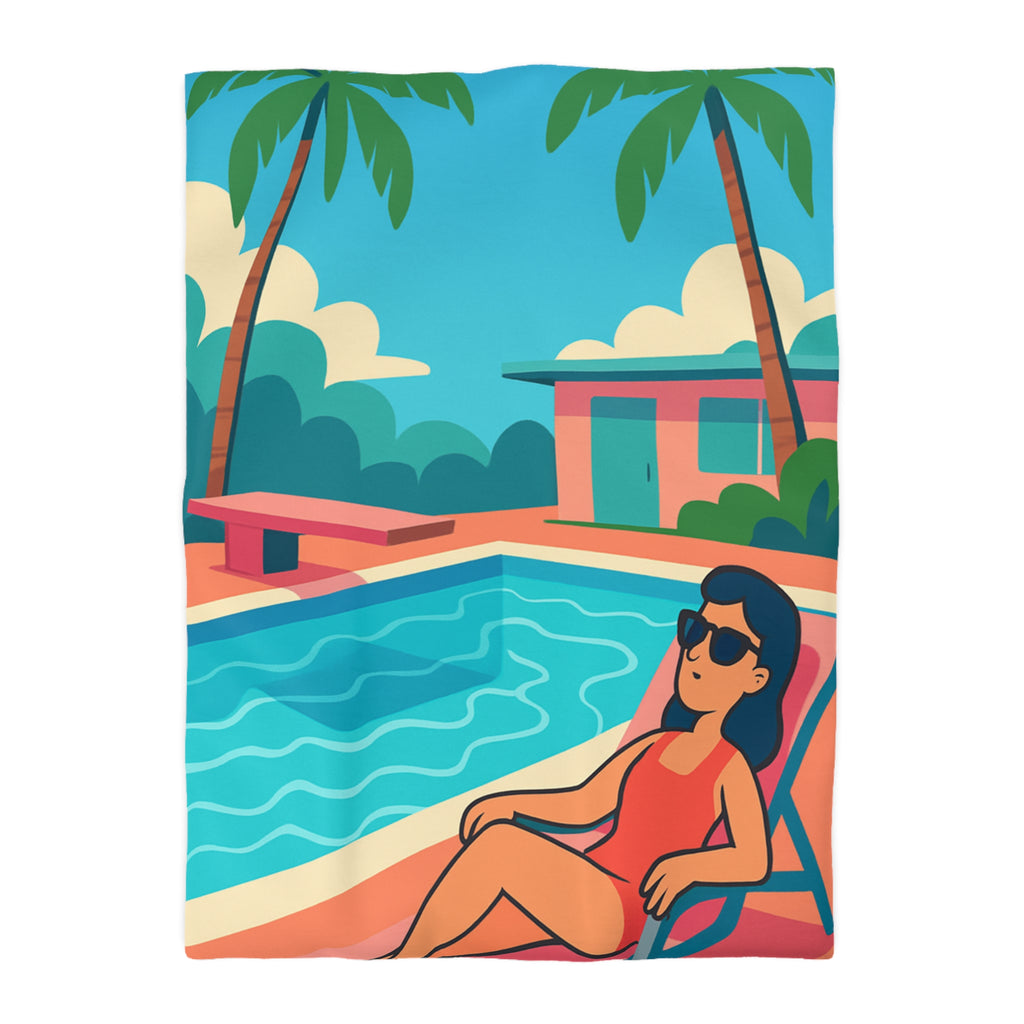 Vibrante housse de couette avec illustration de piscine et palmiers ambiance tropicale