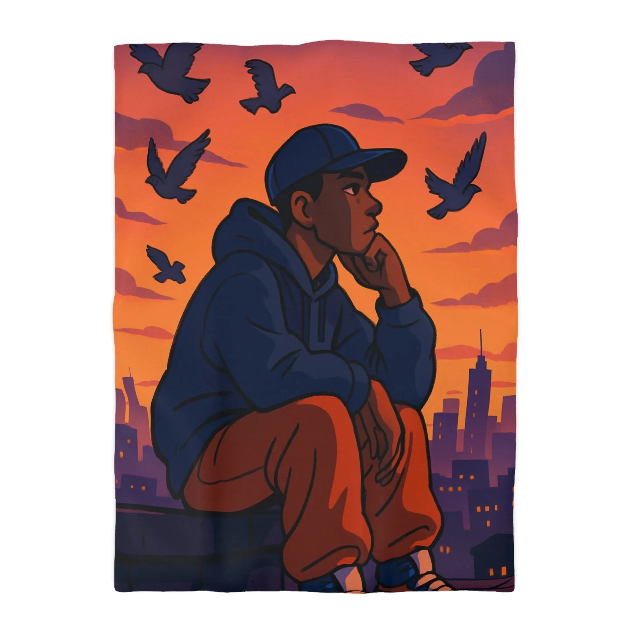 Housse de couette au design urbain moderne avec ciel crépusculaire et silhouette pensive