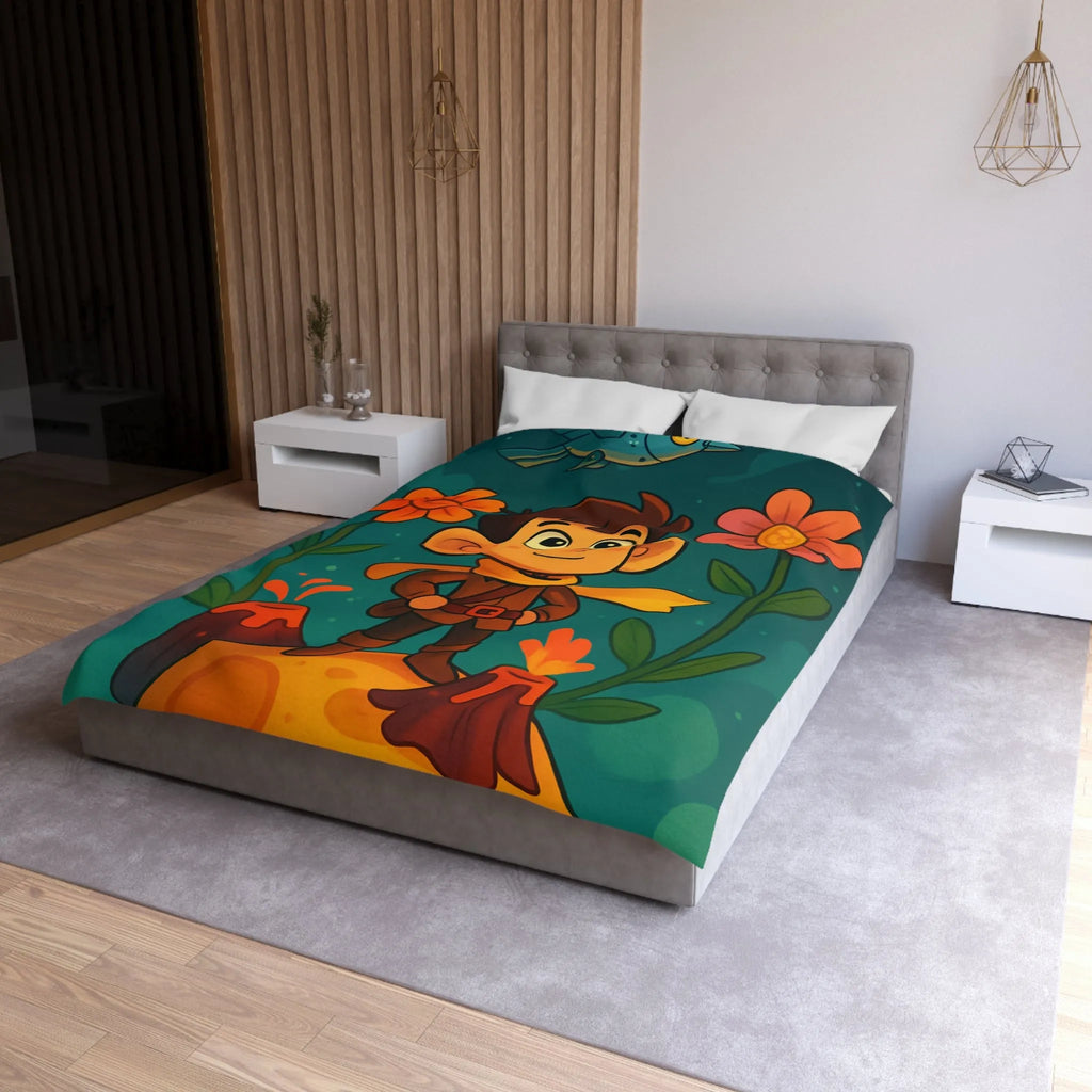 Housse de Couette Enfantine : Aventure Fantastique sur Volcan Fleuri Coloré et Amusant