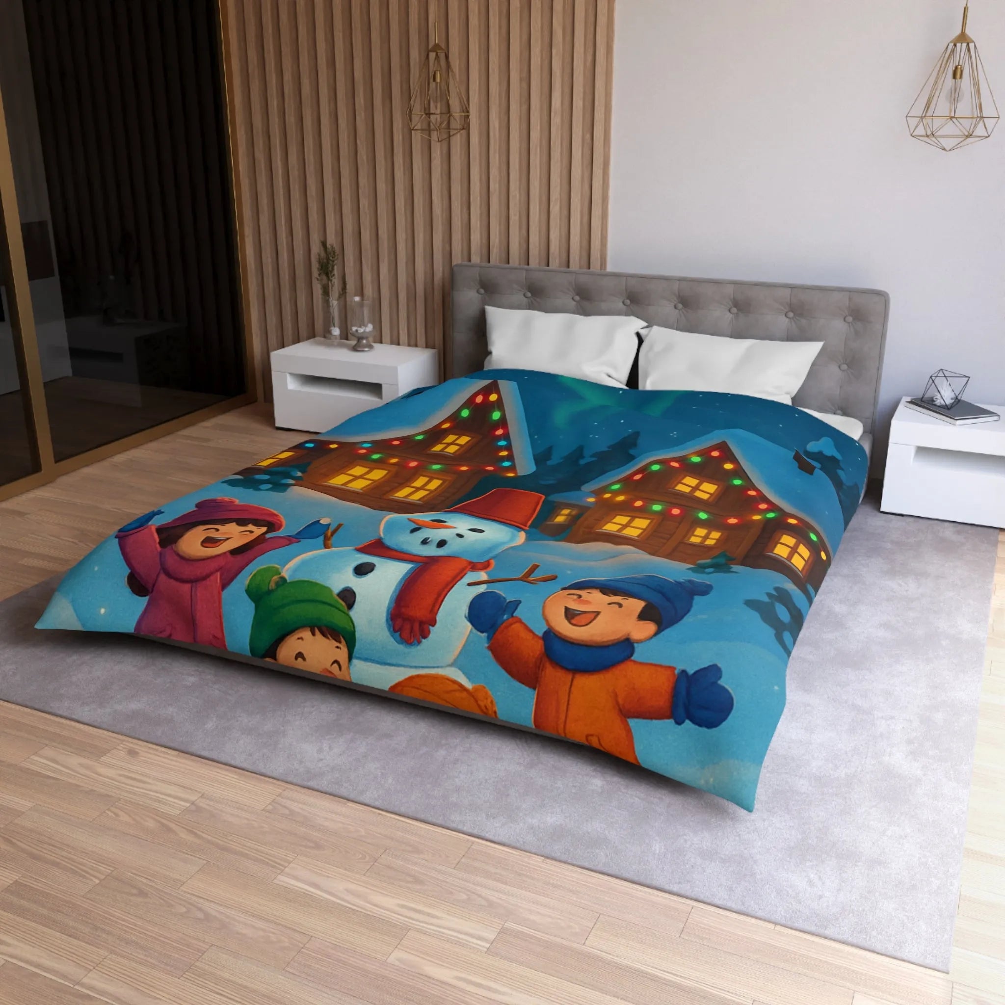 Housse de couette enfants avec design joyeux d'hiver, neige et cabanes éclairées