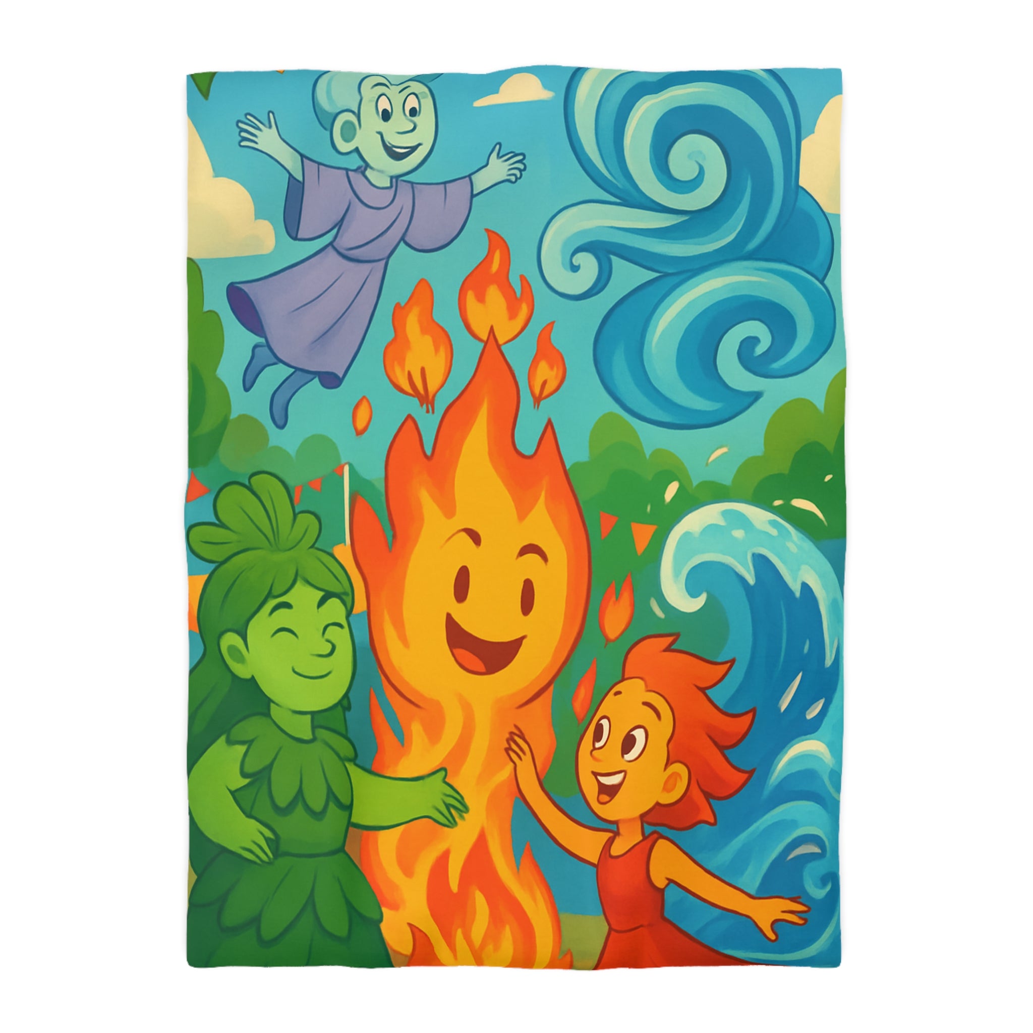 Housse de couette vibrante célébrant les quatre éléments dans un style ludique coloré