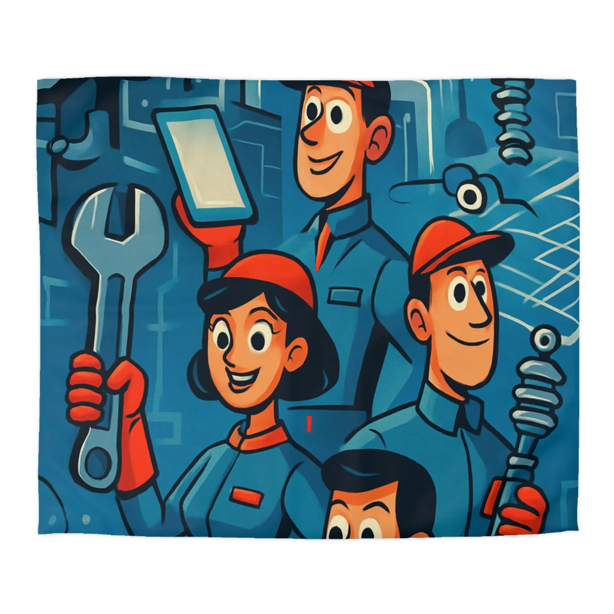 Housse de Couette Industrielle avec Équipe de Travail Souriante dans Tonalités Bleues et Rouges