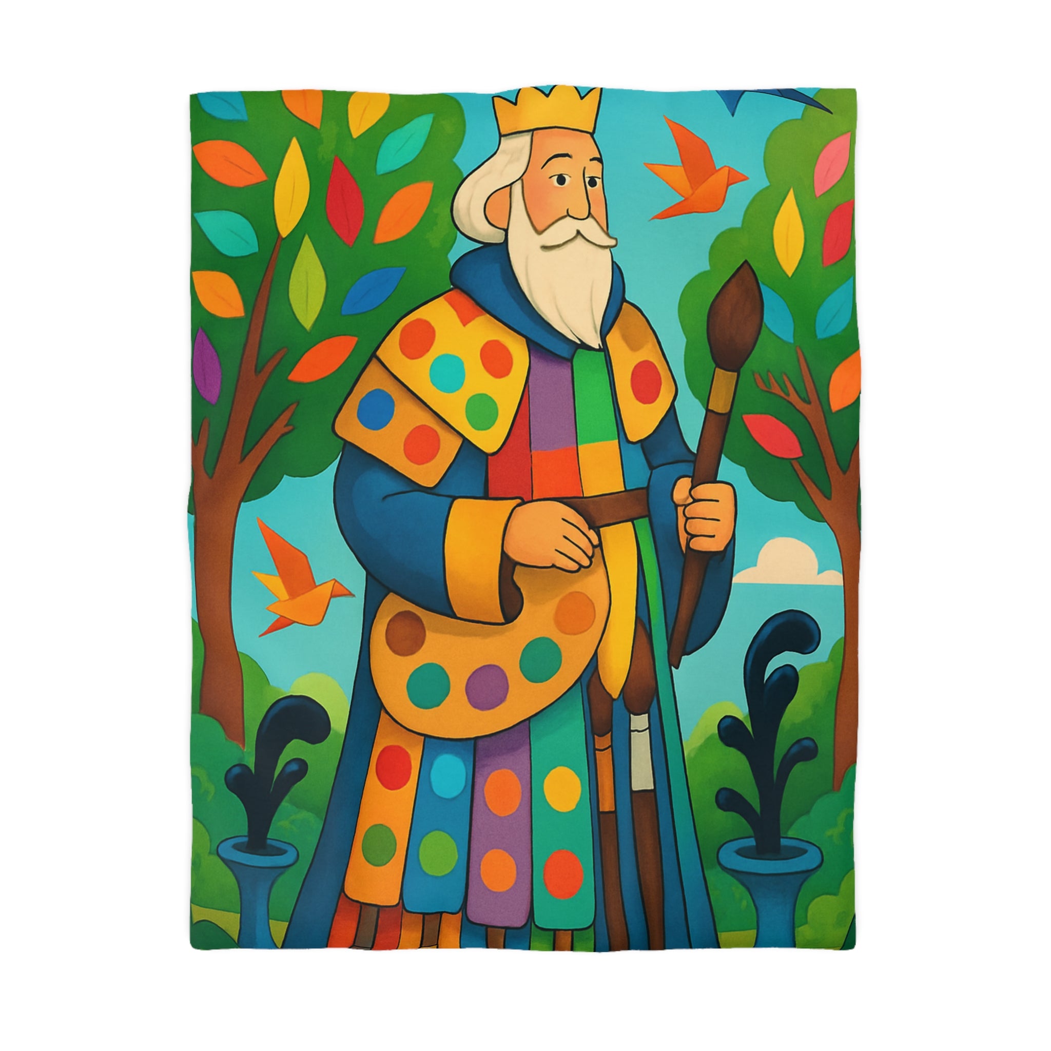 Housse de couette multicolore avec roi et oiseaux dans un jardin enchanteur