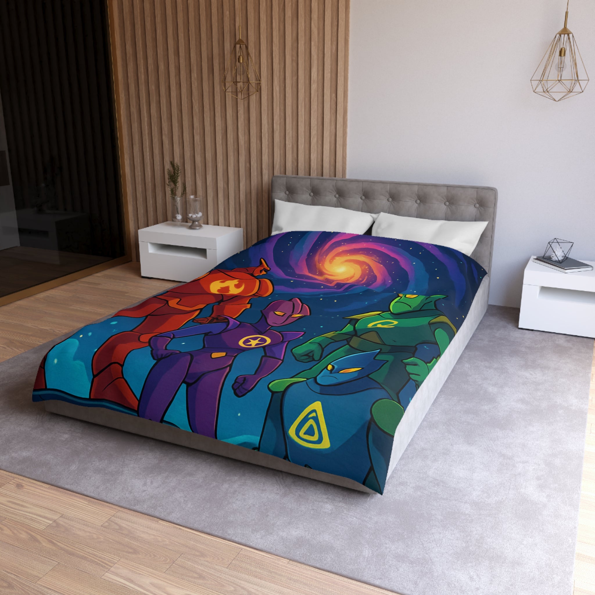 Quatre super-héros colorés avec une galaxie lumineuse, scène de science-fiction