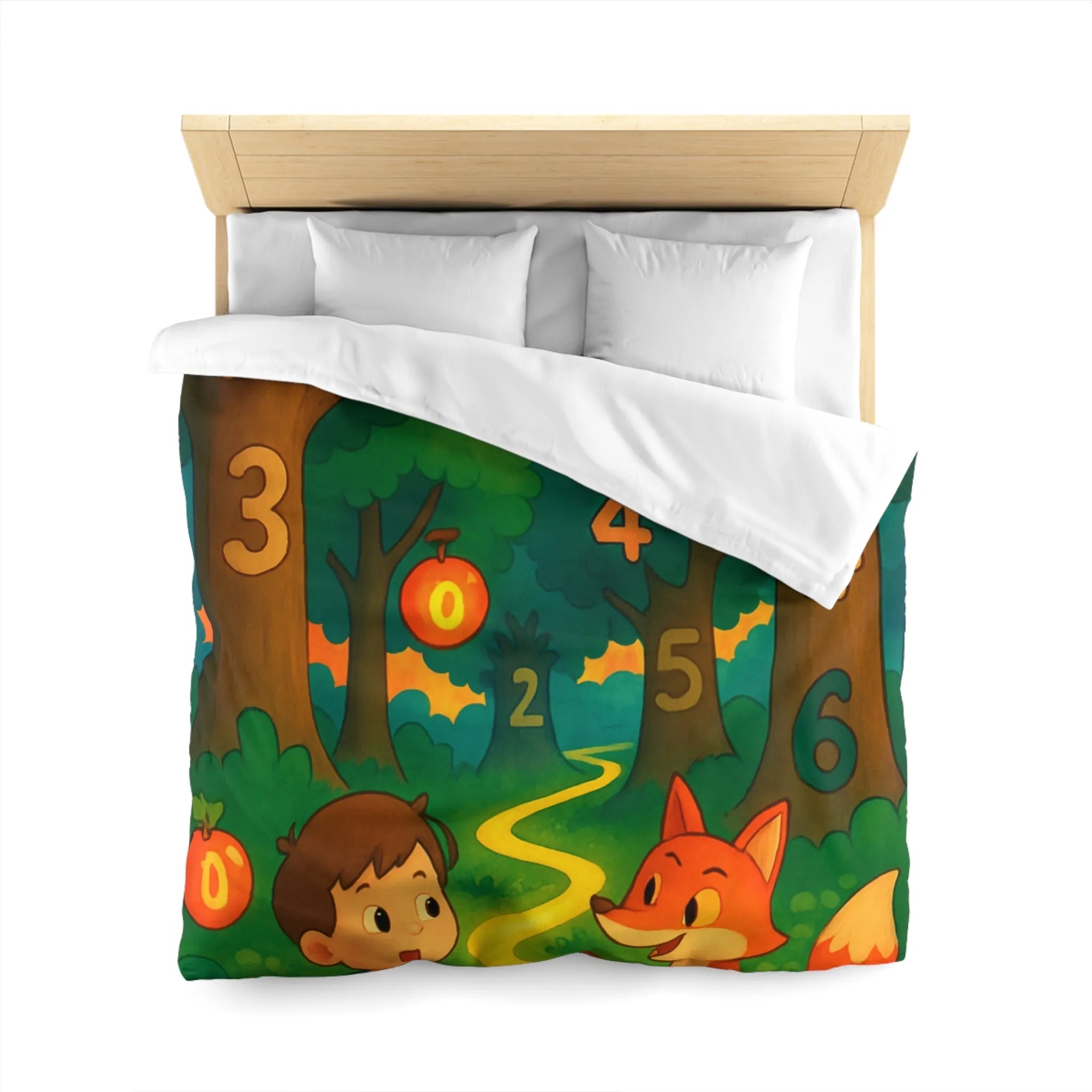 Housse de couette enfant colorée avec forêt magique, animaux et chiffres ludiques