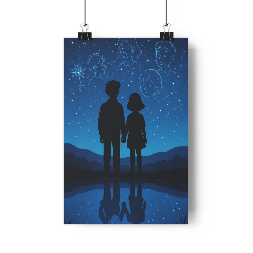 Poster décoratif conte fées bleu ciel étoilé magie enfants chambre rêveur paisible sérénité ambiance