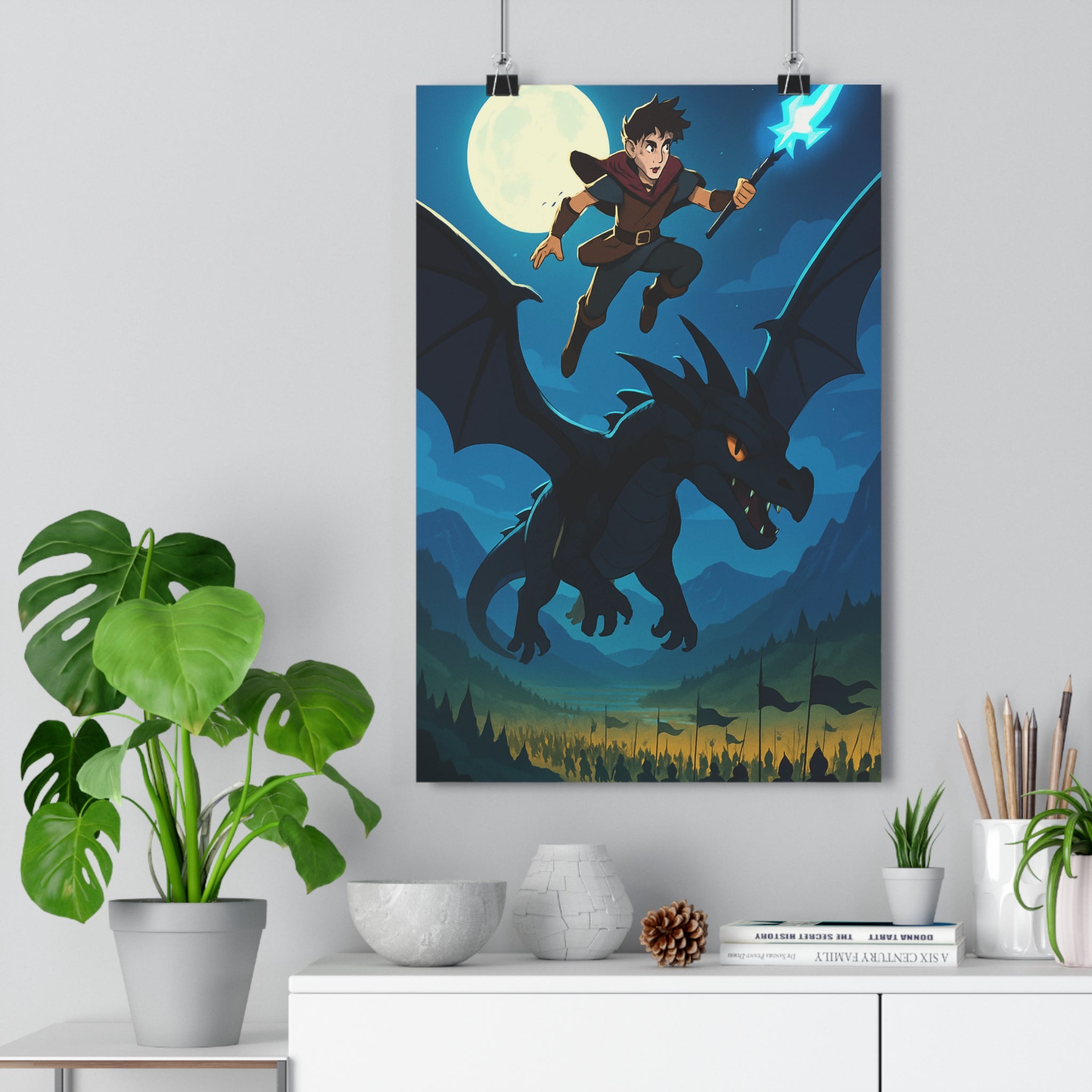 Poster décoratif anime fantasy épique noir mystique lumineux dragon chambre salon métalique magique qualité