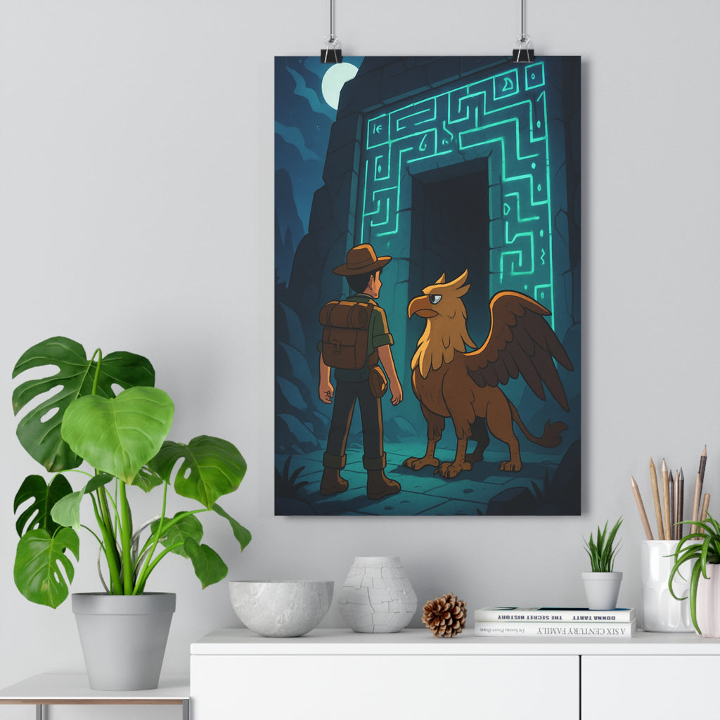 Poster décoratif mystique griffon aventurier labyrinthe runes bleu marron nocturne mythologique bureau artistique ambiance