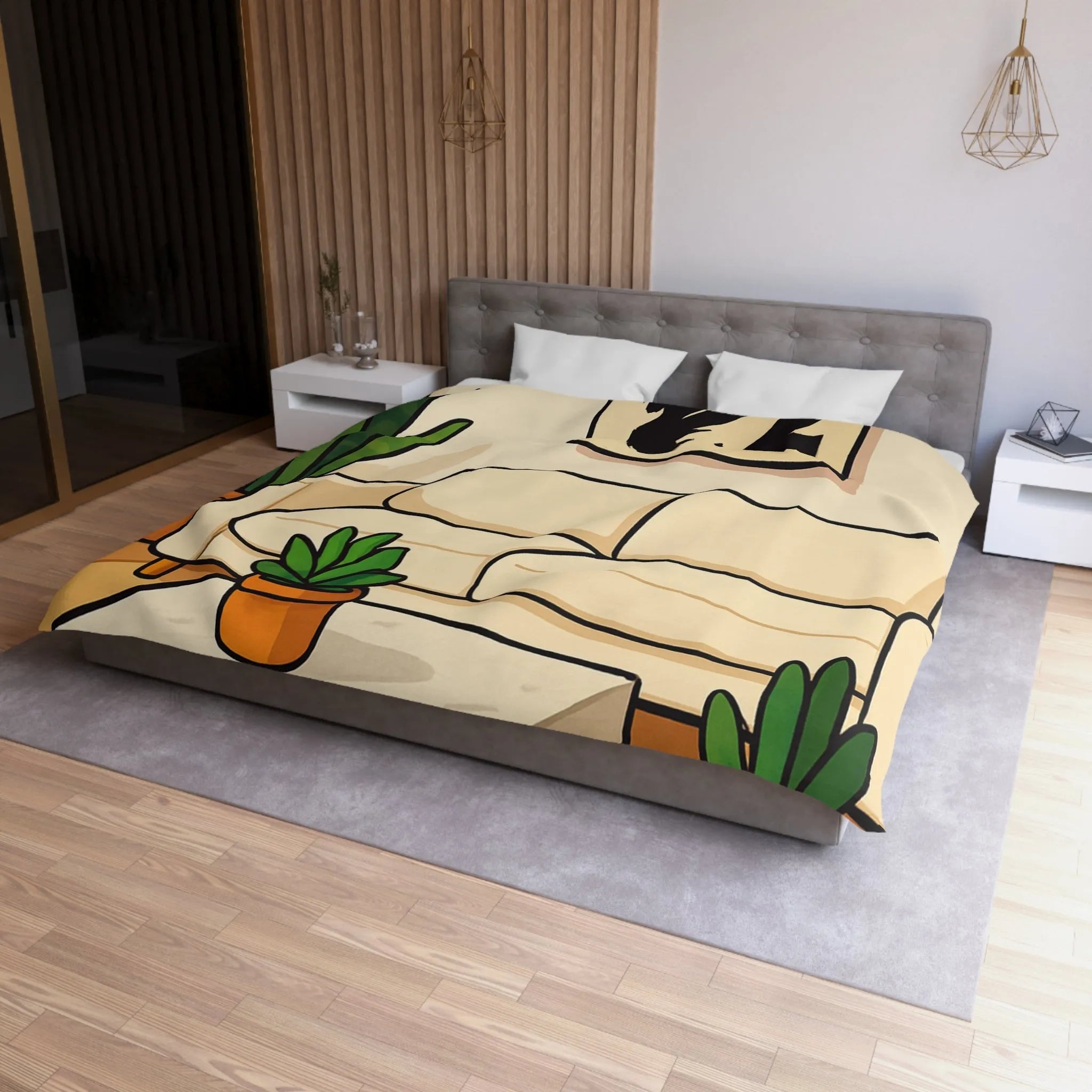 Housse de Couette Élégante avec Design Graphique Moderne et Plantes Vertes Décoratives