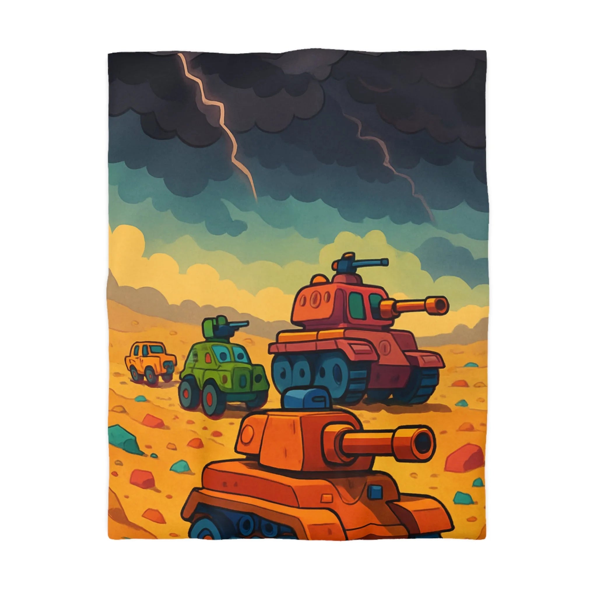 Housse de couette avec tanks colorés sur fond orageux pour chambre enfant unique