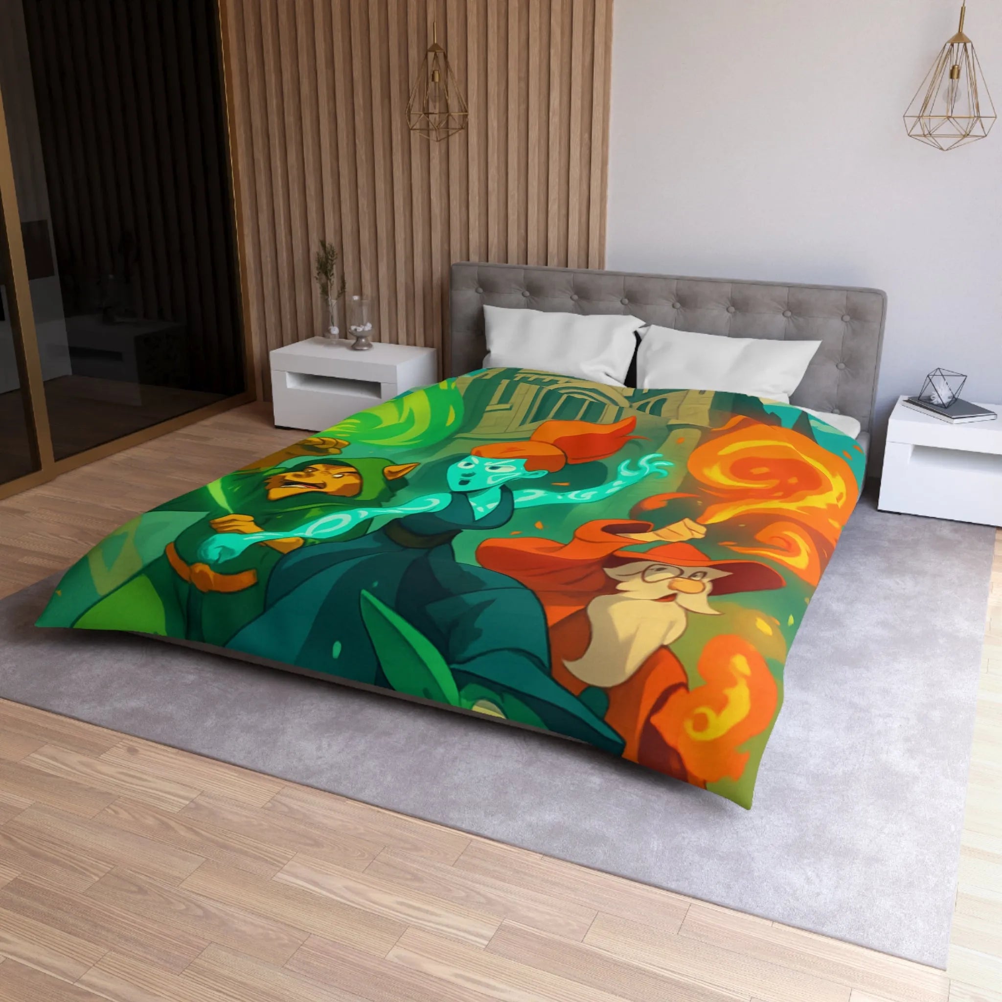 Housse de couette magique pour enfant avec personnages et château, ambiance féérique animée