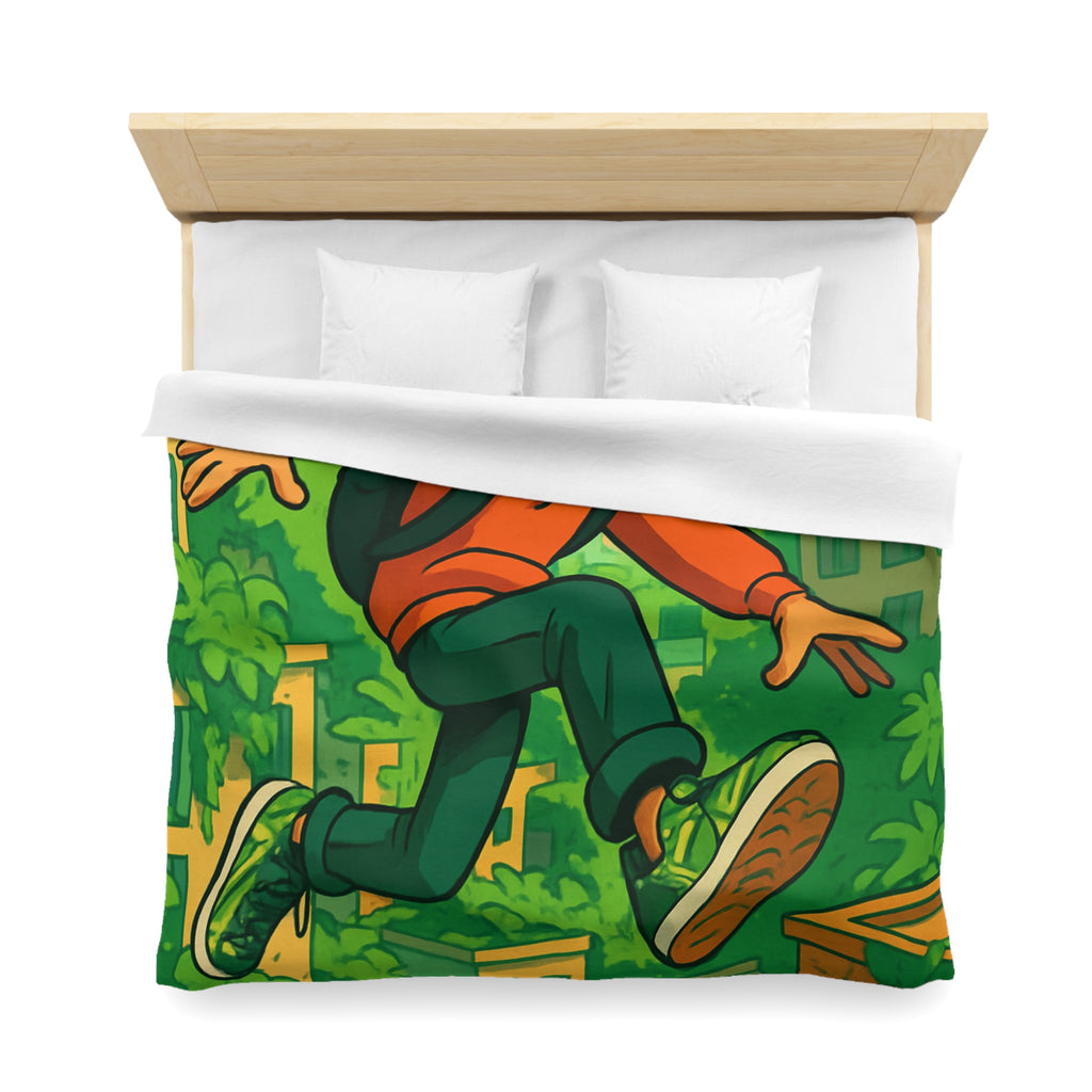 Housse de Couette Motif Urbain Vert avec Garçon Aventurier en Tenue Décontractée