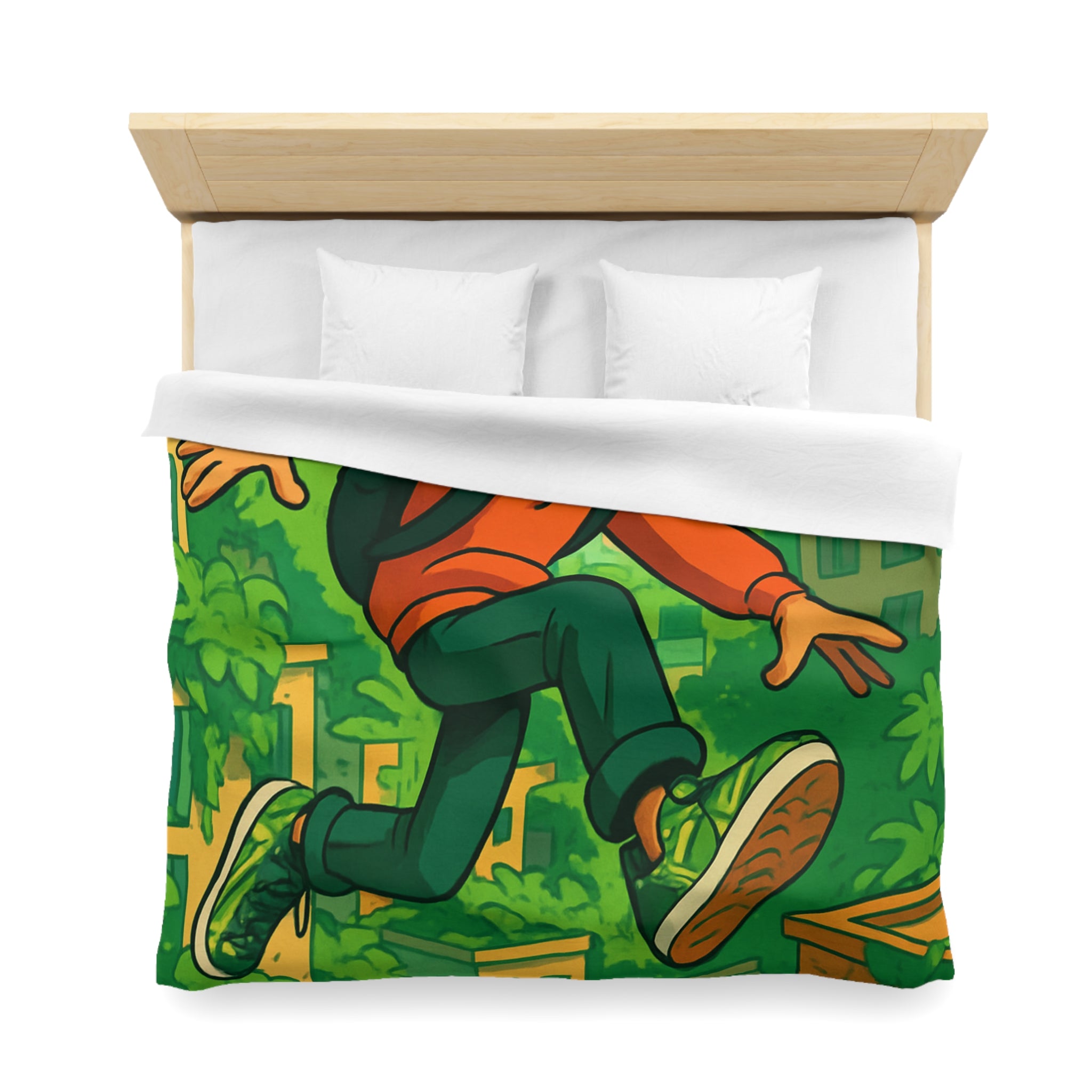 Housse de Couette Motif Urbain Vert avec Garçon Aventurier en Tenue Décontractée