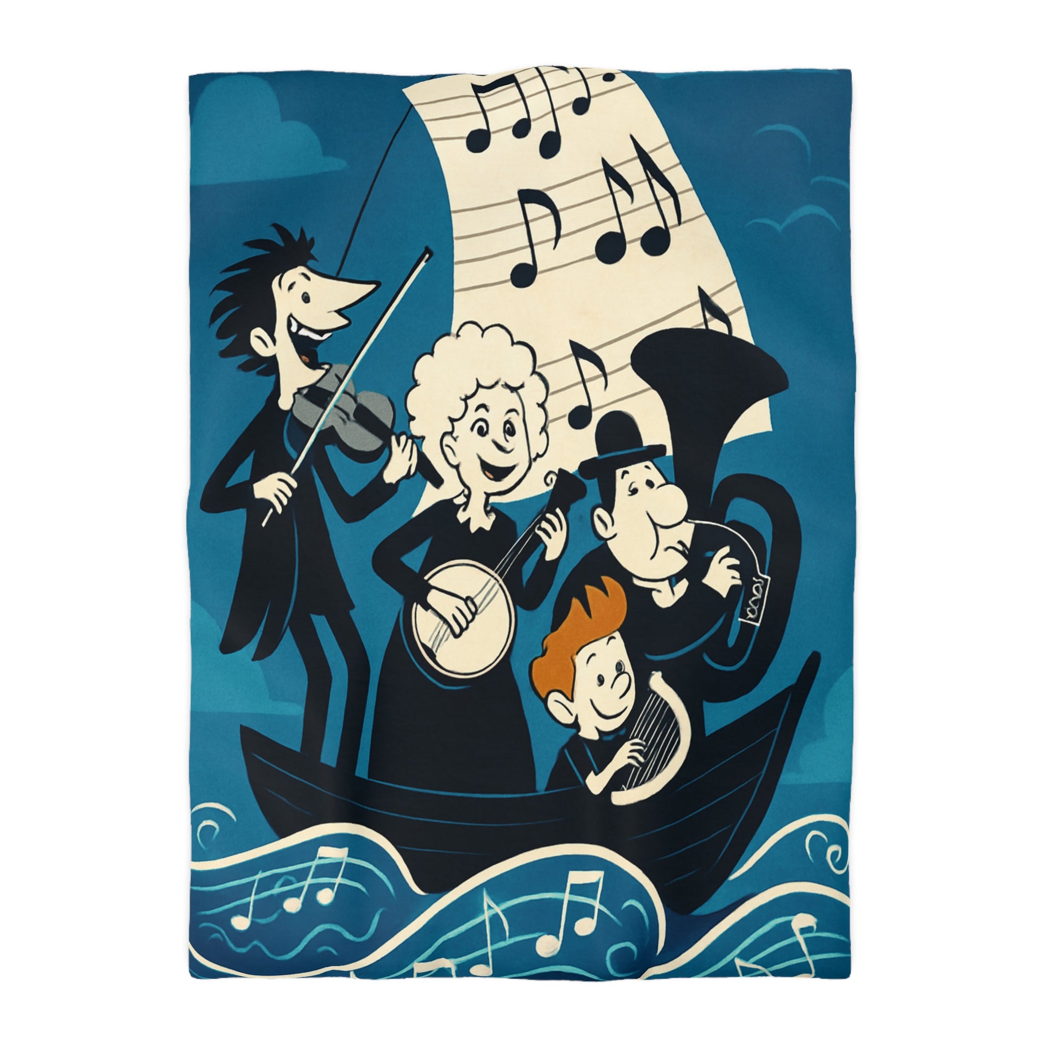 Housse de couette musicale sur l'océan avec personnages dans un bateau joyeux
