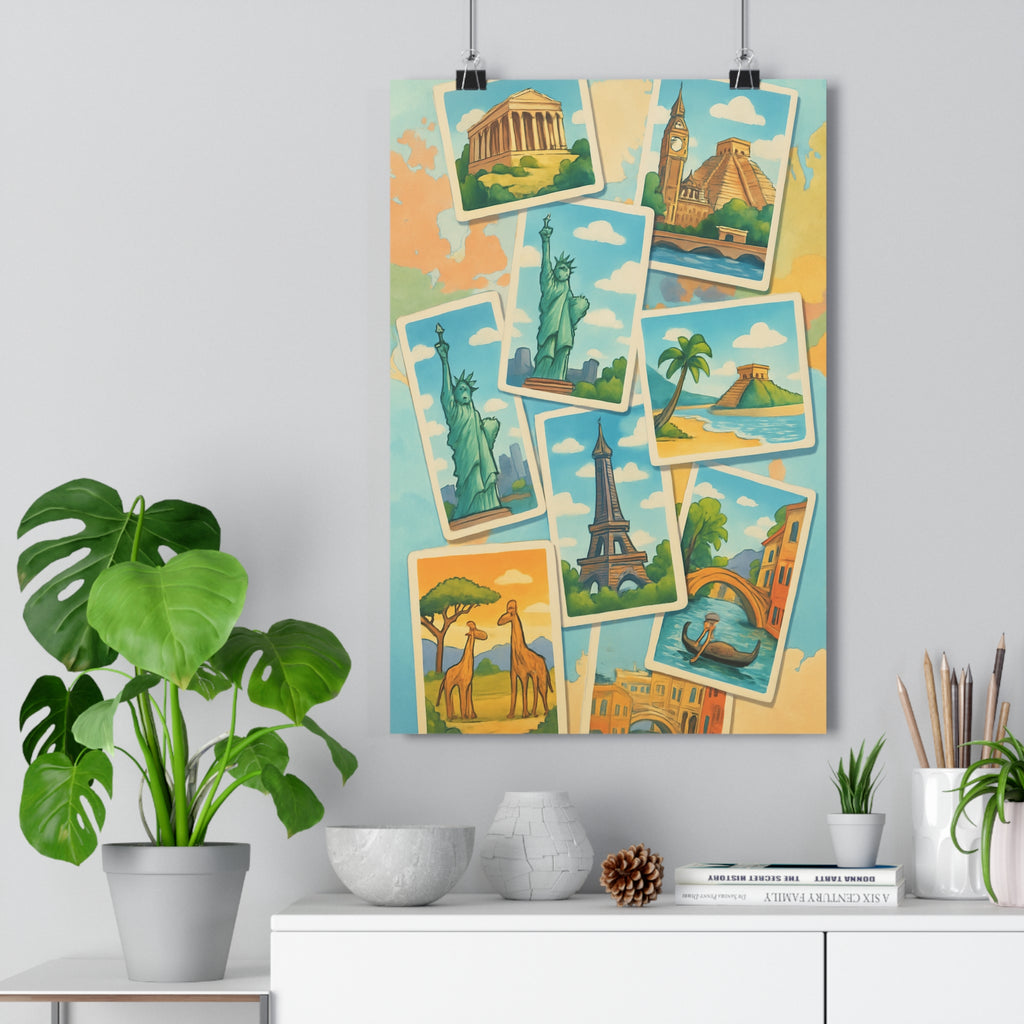 Poster décoratif dessin animé monuments célèbre coloré joyeux salon chambre enfant vibrant unique global
