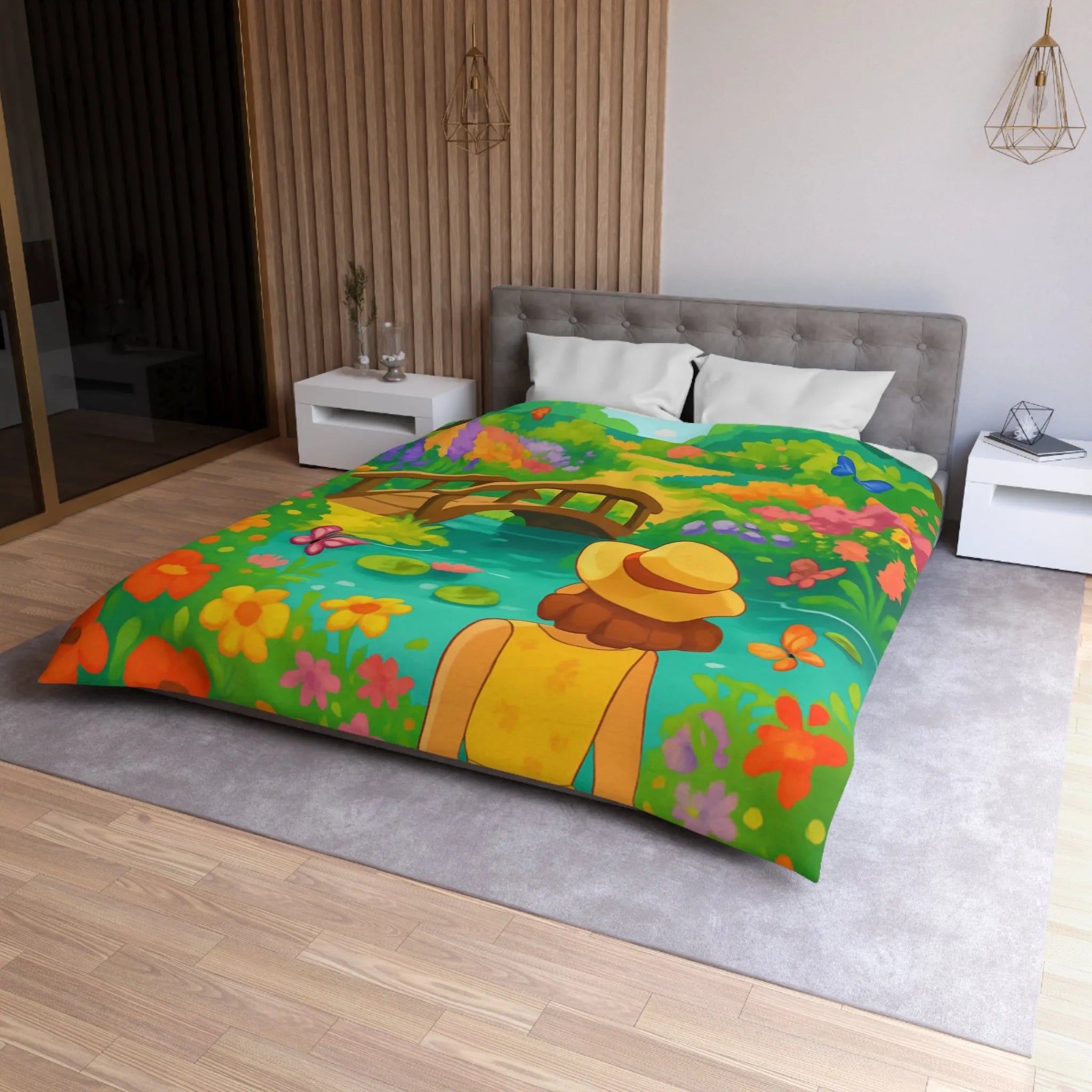 Housse de Couette Jardin Enchanté avec Pont et Papillons, Motif Vif et Coloré