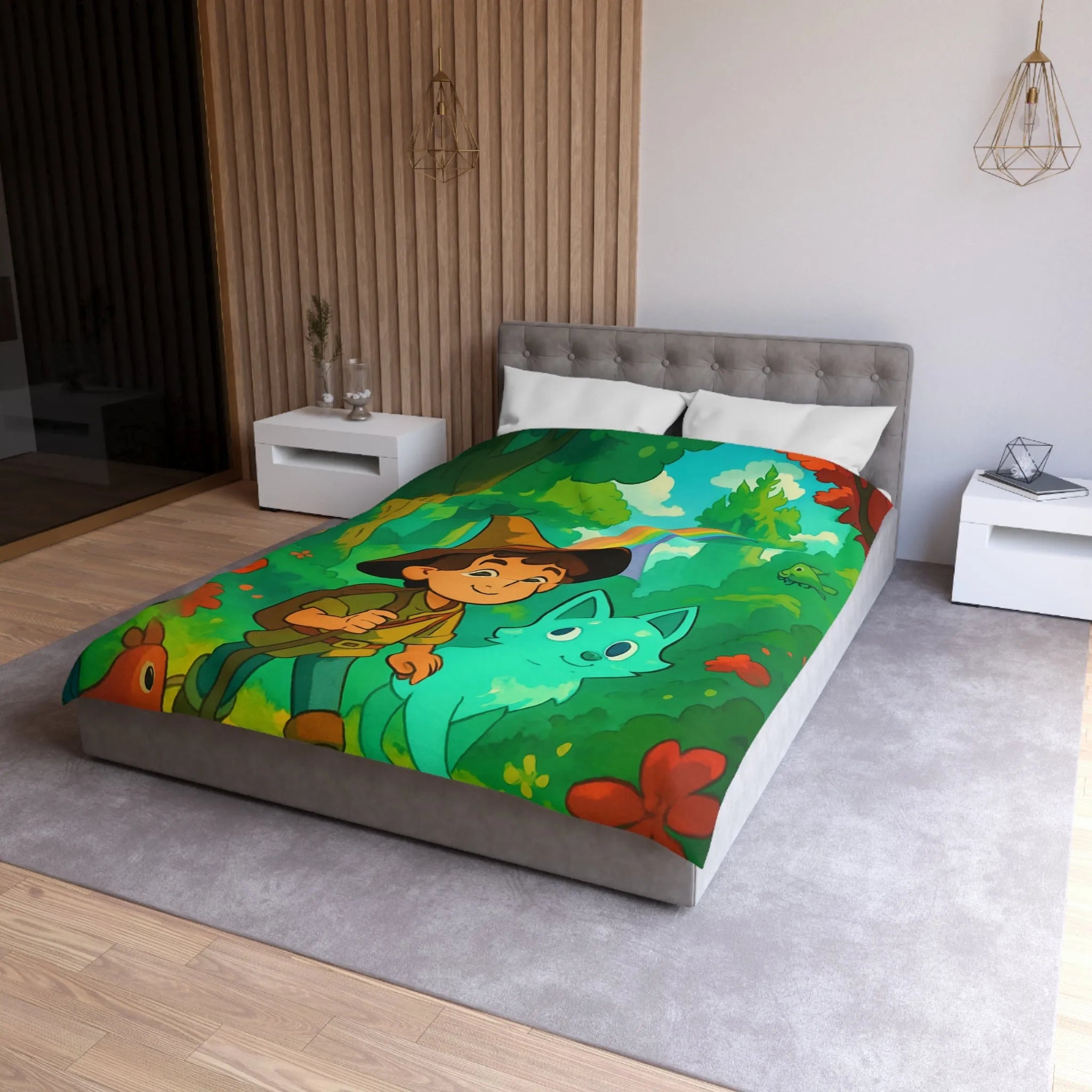 Housse de Couette Enfant avec Petit Sorcier et Animal Magique sous Arc-en-ciel