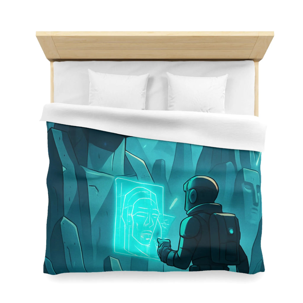 Housse de couette futuriste avec statues anciennes et explorateur dans une ambiance lumineuse néon