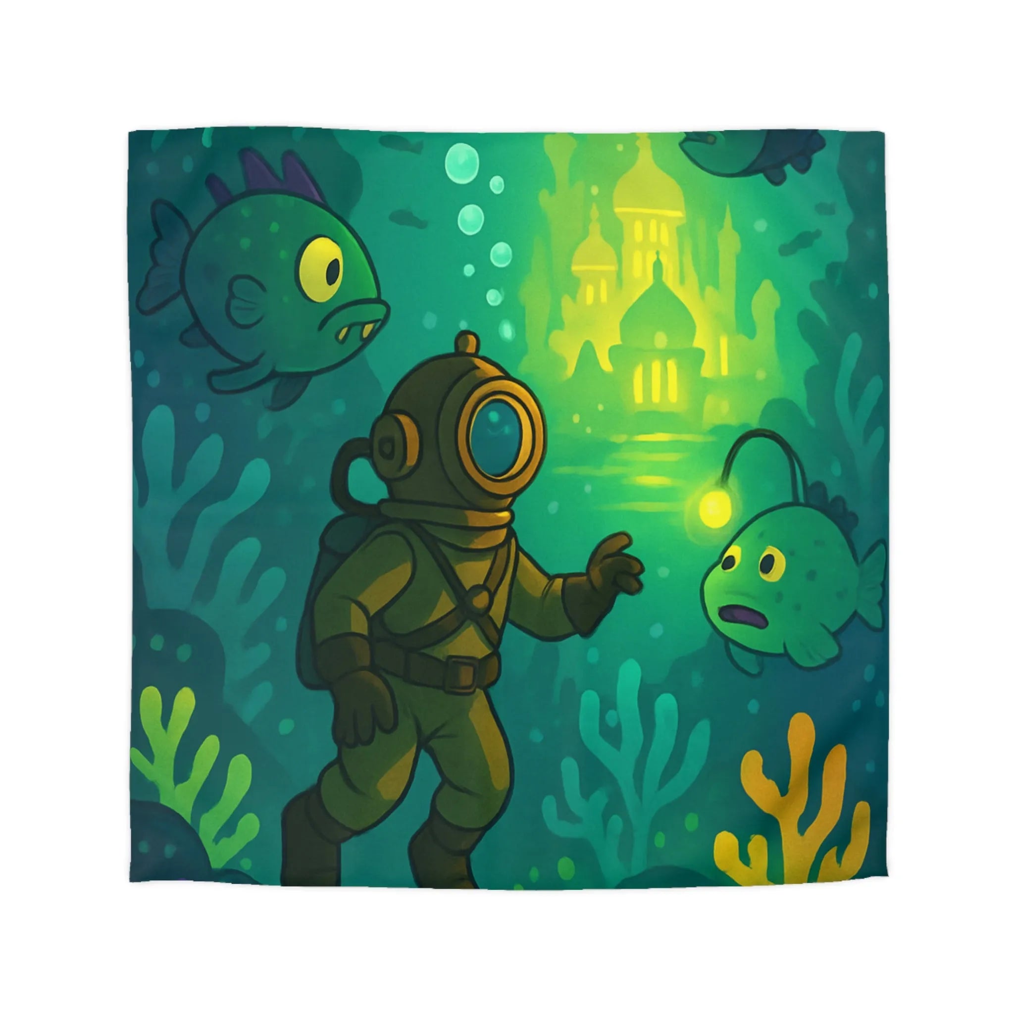 Décor de lit avec scaphandrier et poissons lumineux dans une cité sous-marine fantastique