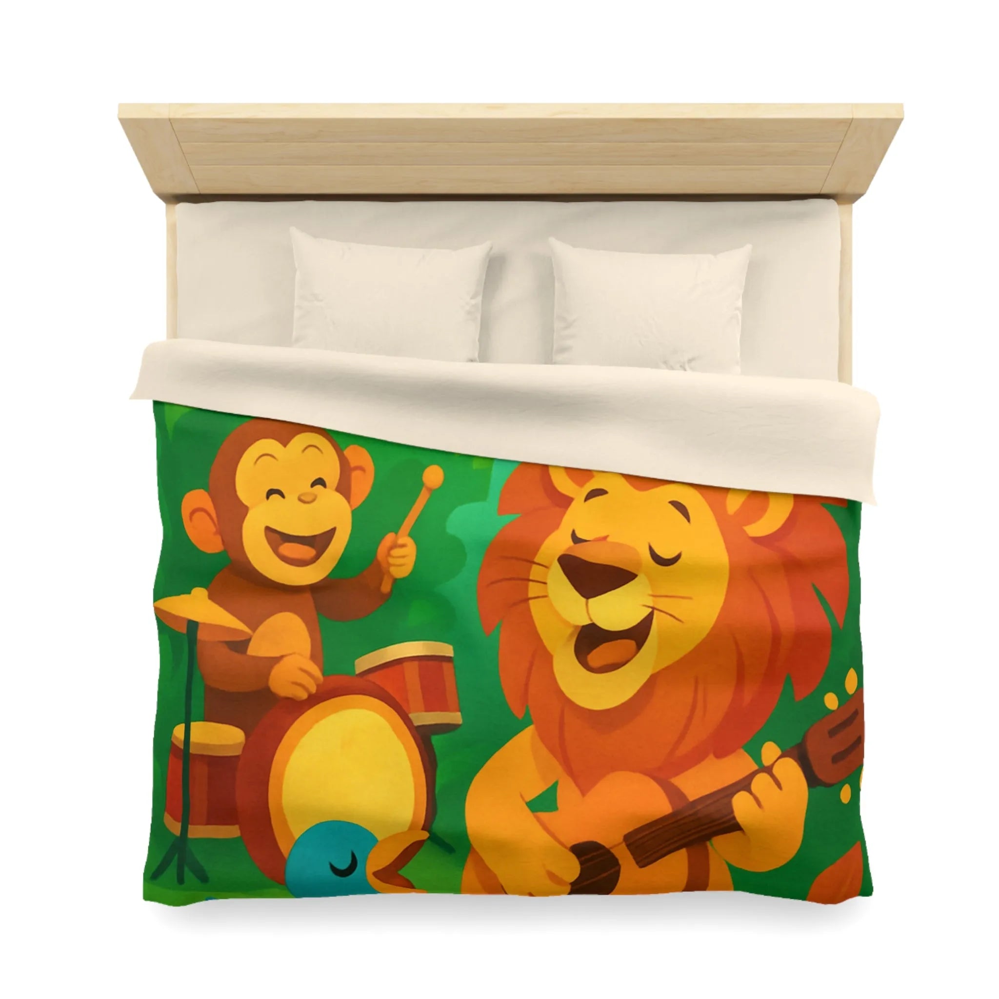Housse de couette jungle colorée avec lion, singe, et oiseau musiciens joyeux