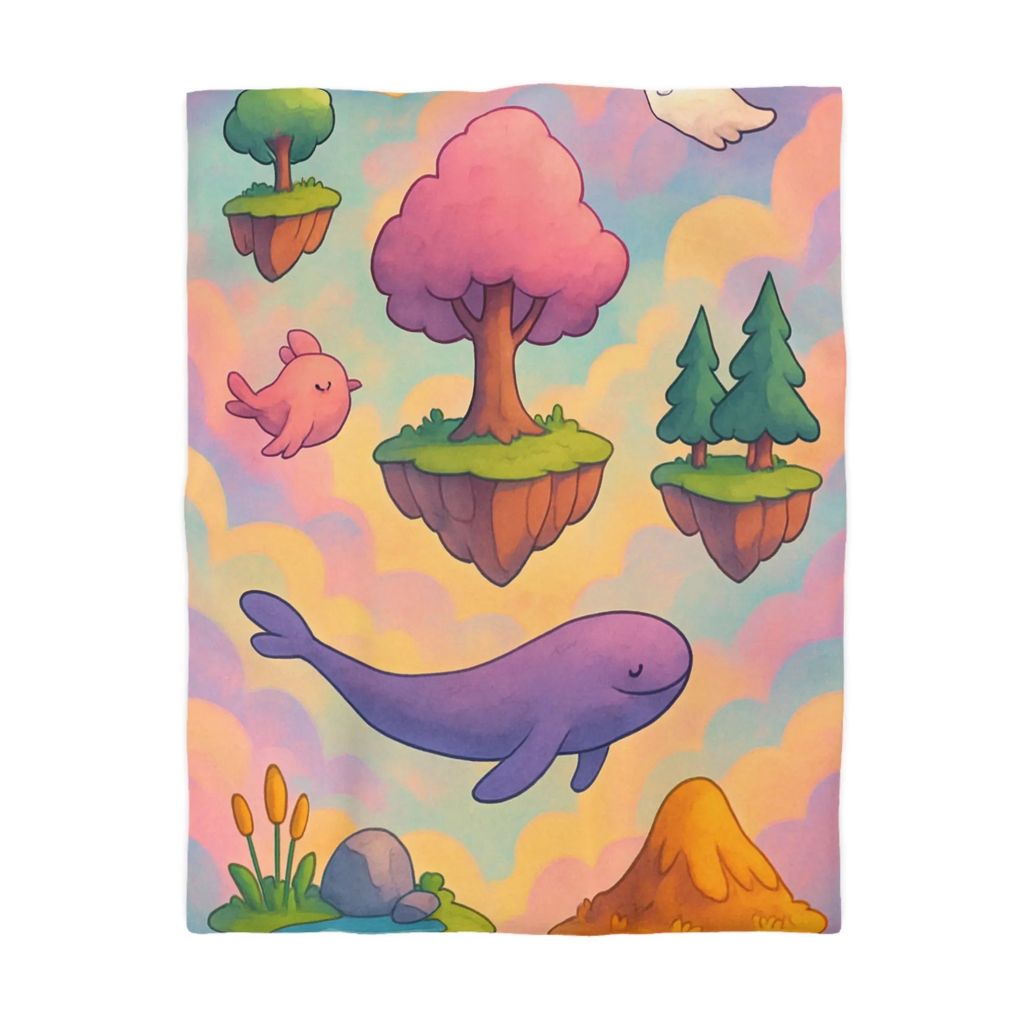 Housse de couette avec îles flottantes et créatures rêveuses dans un ciel magique