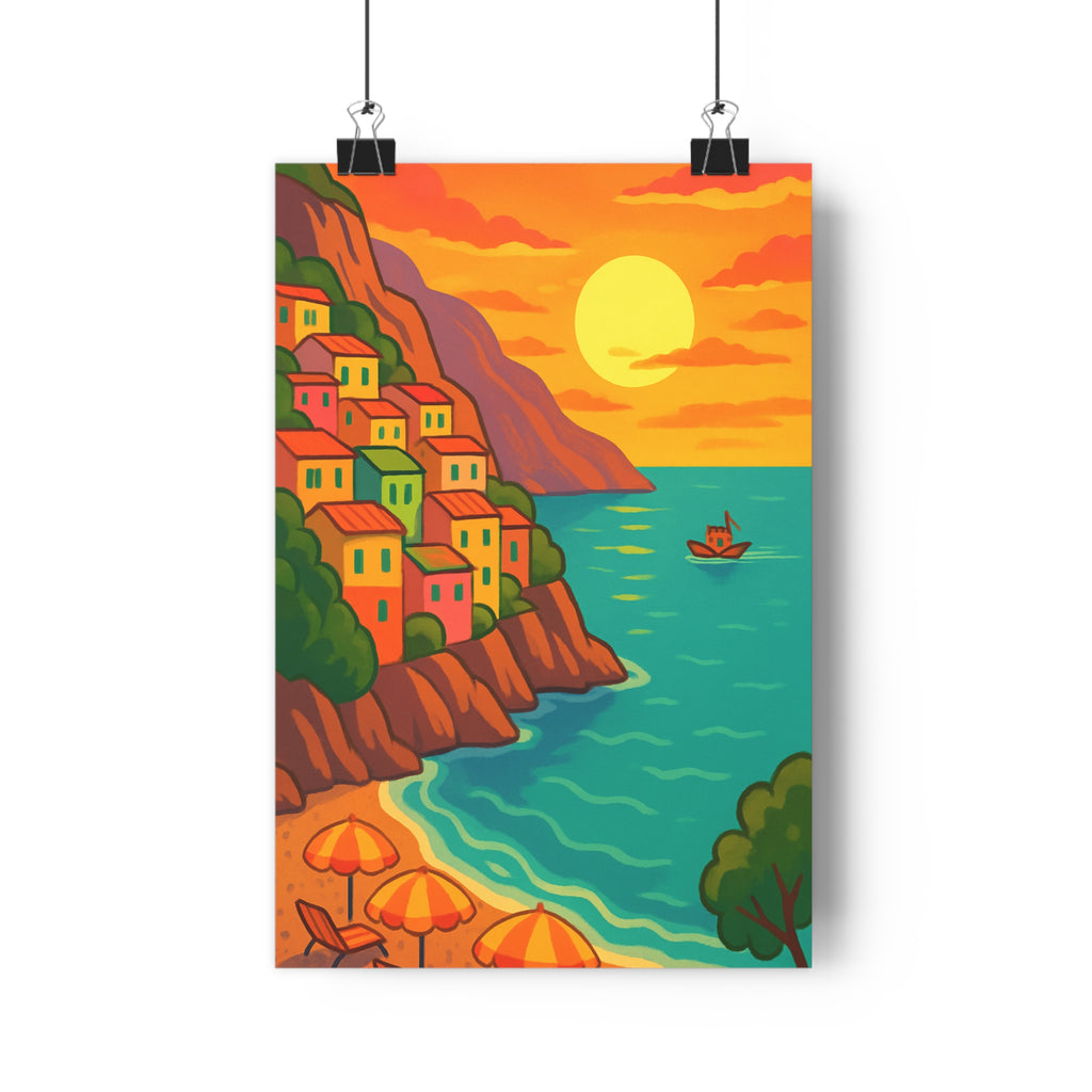 Poster décoratif cartoon côte amalfitaine coloré joyeux salon chambre maison falaise mer coucher soleil