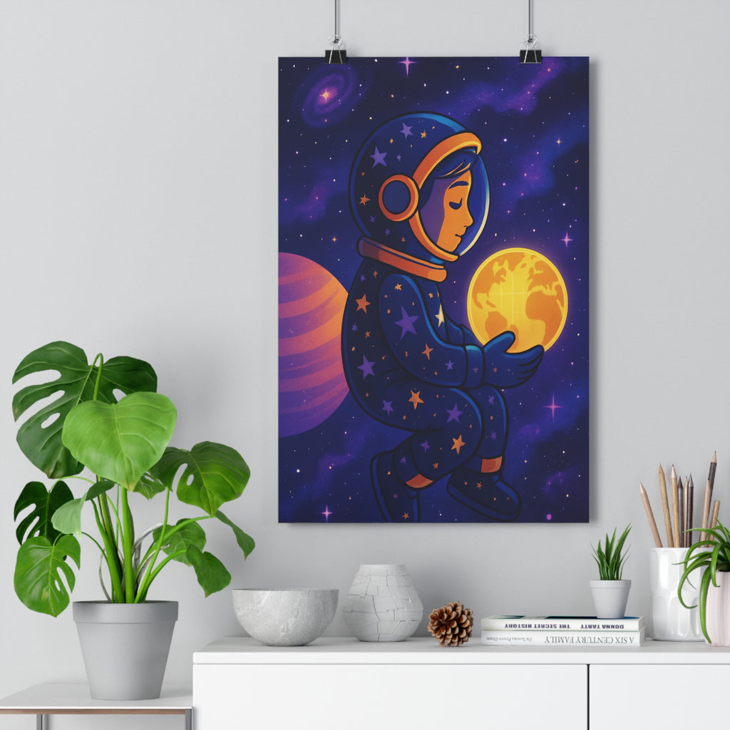 Poster décoratif enfant astronaute bleu jaune aventure mystique interstellaire chambre magique galaxie espace étoilé