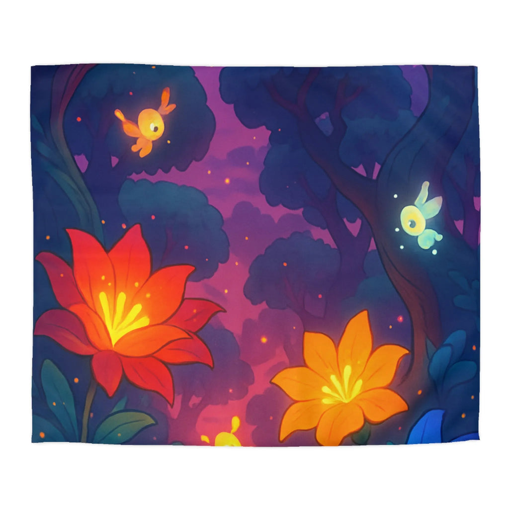 Housse de Couette avec Fleurs Lumineuses et Paysage Enchanté de Forêt Magique Nocturne