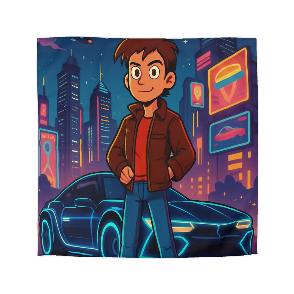 Housse de Couette Future Enfant Ville Nocturne Néons Jeune Garçon et Voiture