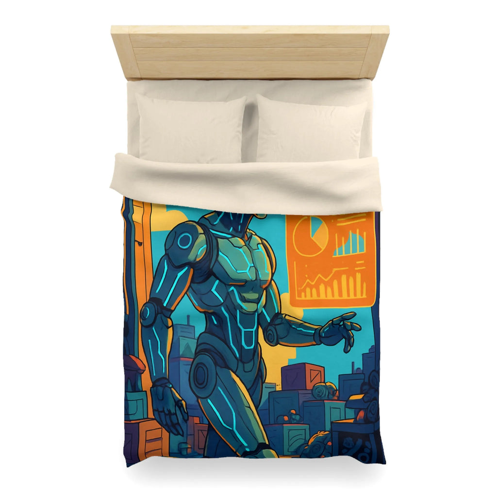 Housse de couette futuriste avec robot et drones, couleurs vives et graphiques modernes