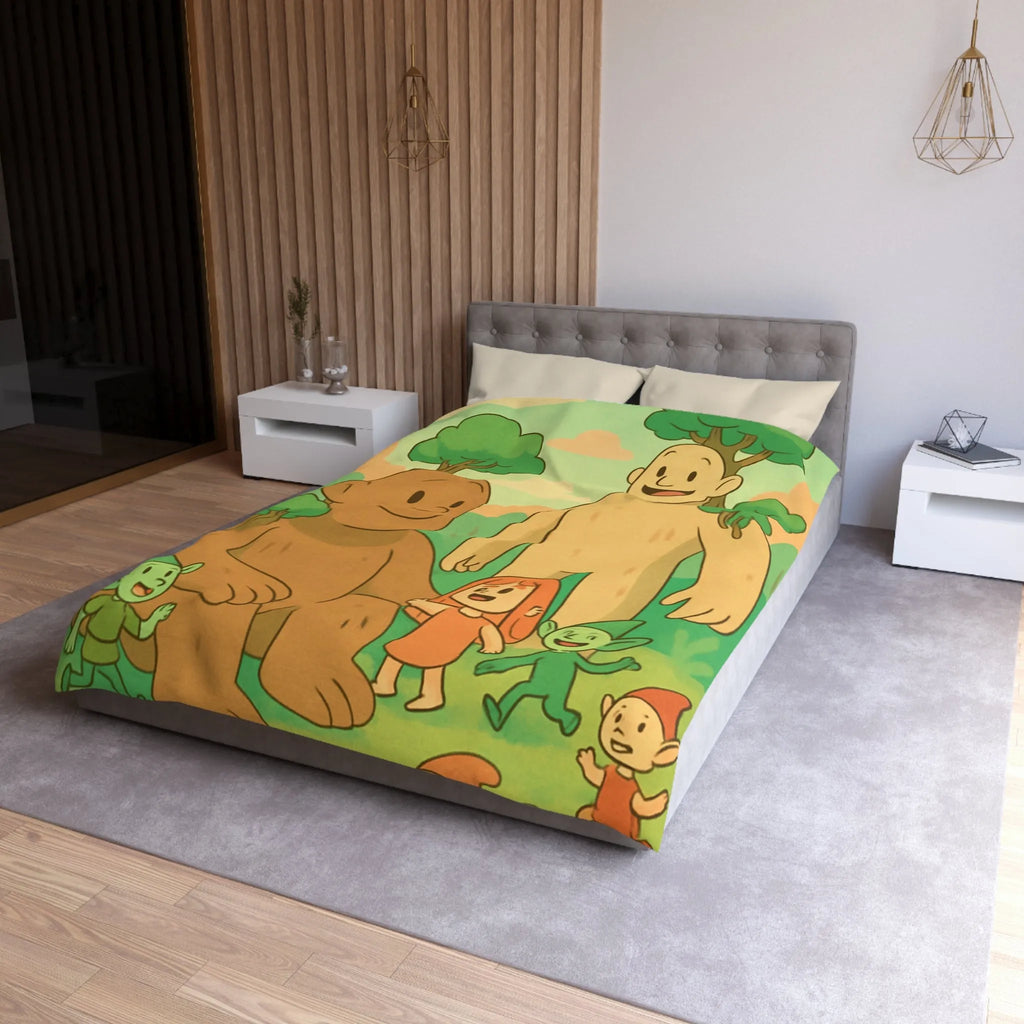 Housse de couette fantastique avec géants arborés et lutins dans une forêt enchantée