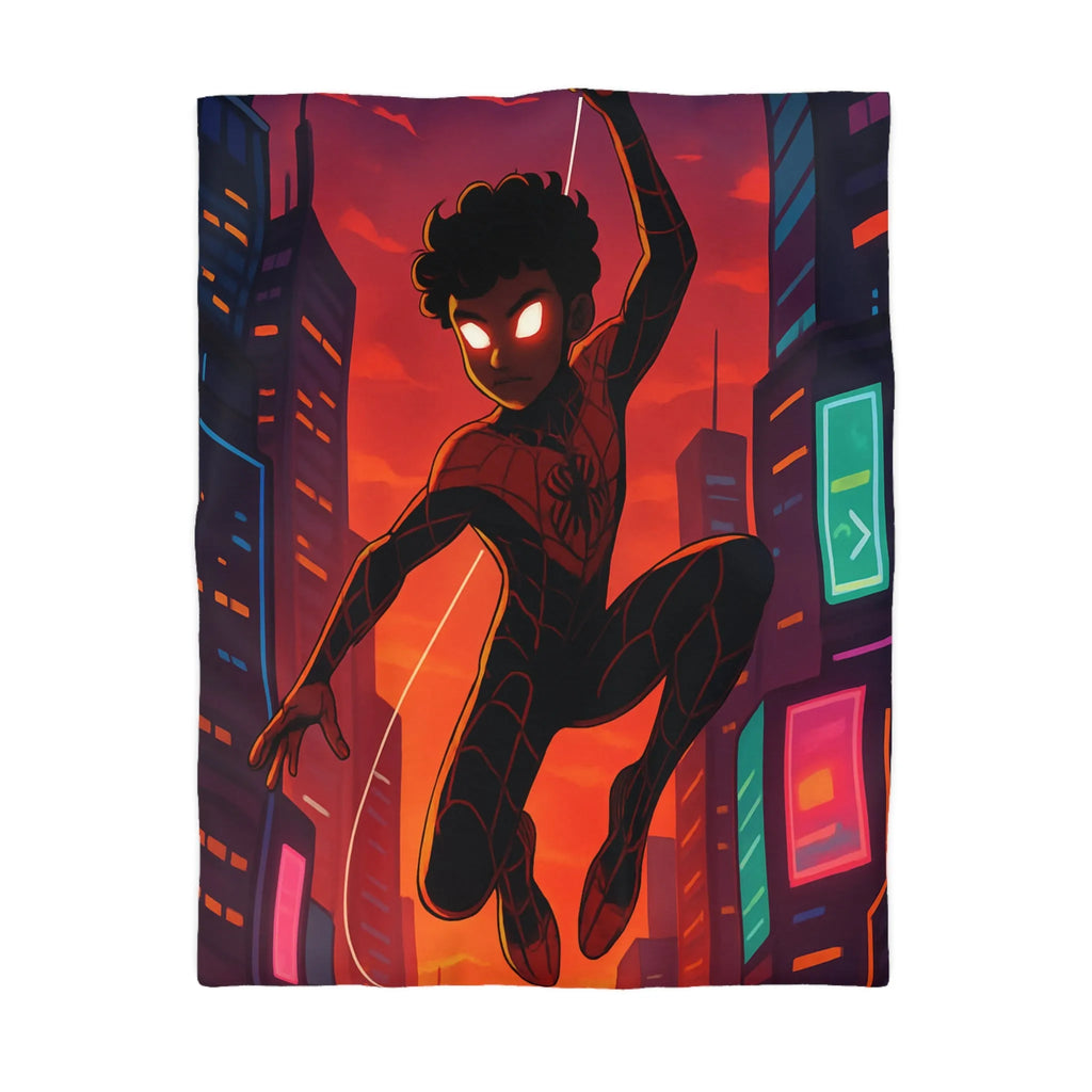 Housse de couette avec super-héros suspendu devant un coucher de soleil urbain vibrant
