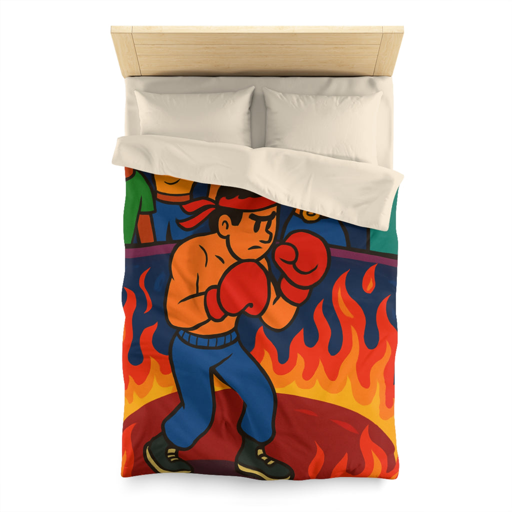Housse de couette originale avec boxeur entouré de flammes et foule colorée